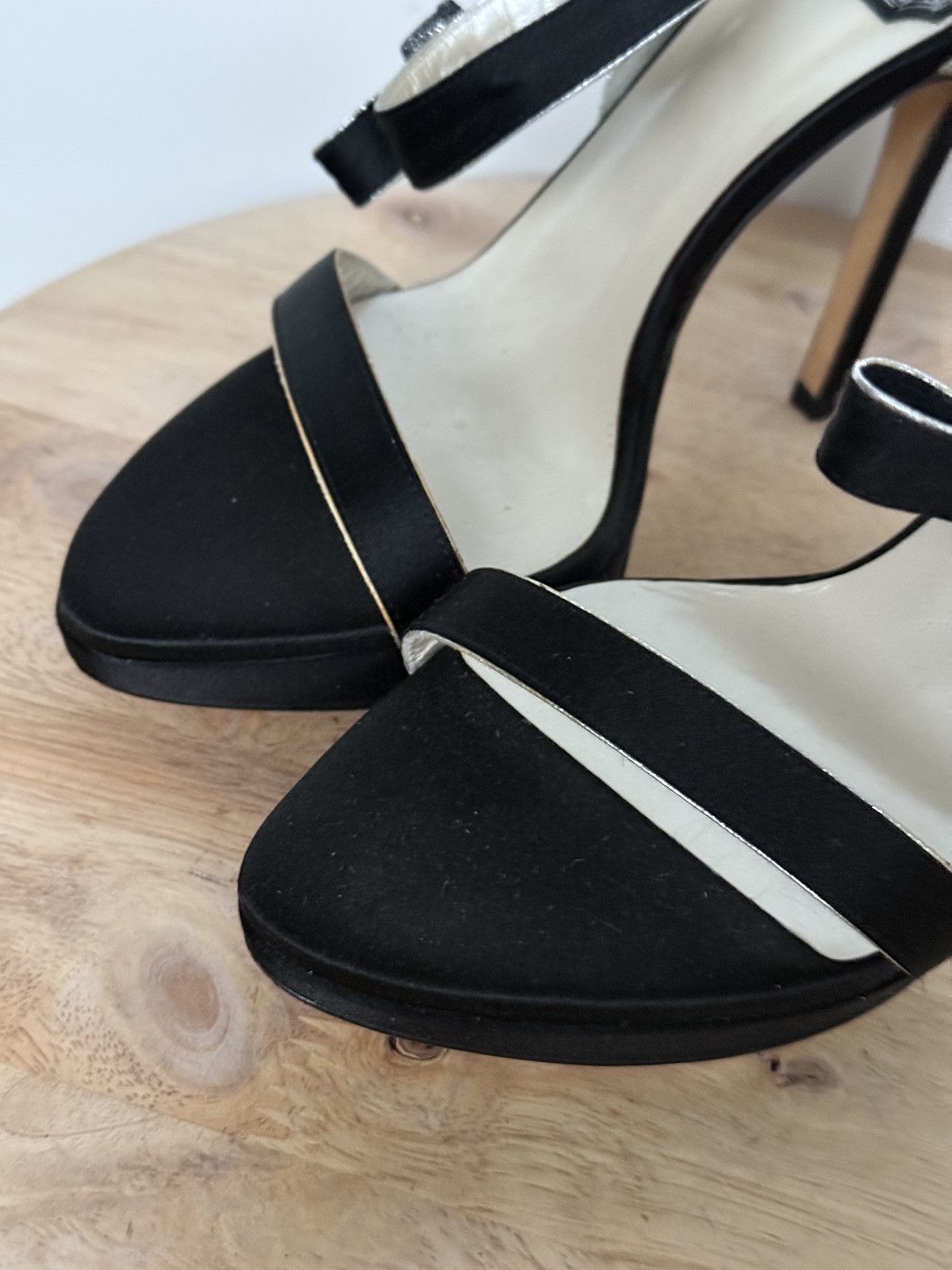 Designer × Dior × Vintage Christian Dior Satin Black Elegant Sandals Ankle Straps Rose Size US 5.5 / IT 35.5 - 4 Thumbnail