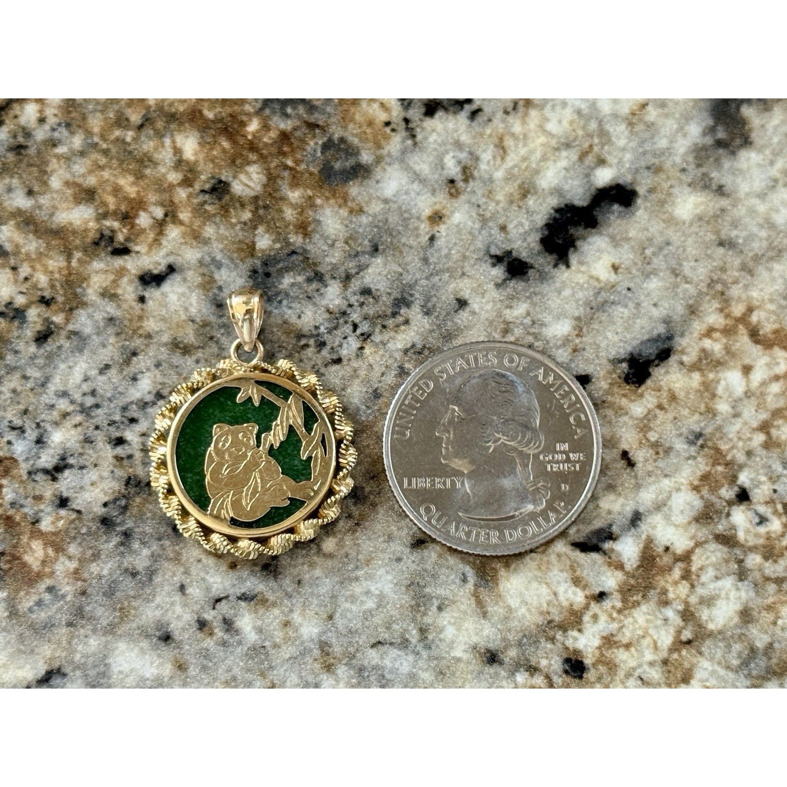 Other Yellow Gold Green Jade Panda Eating Leaves, Circle Pendant Size ONE SIZE - 3 Thumbnail