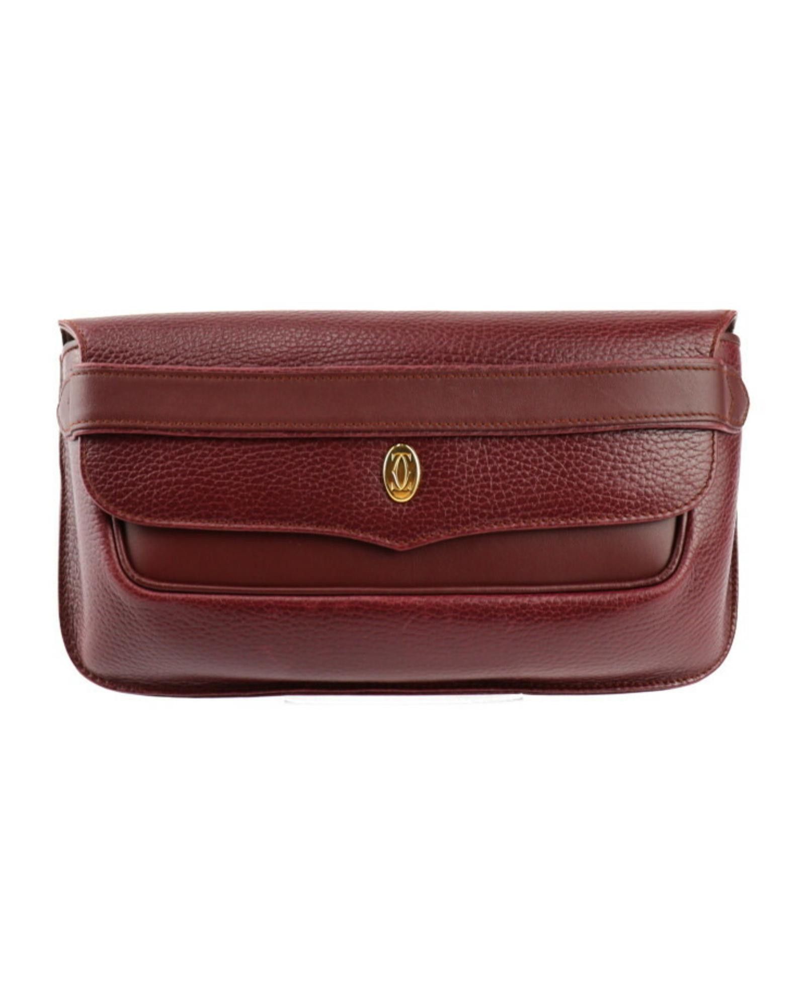 image of Cartier Elegant Burgundy Leather Clutch With Gold Hardware, Women's