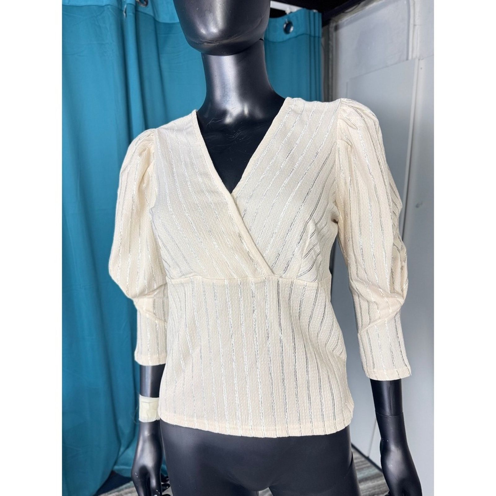 Other MINE Women's Size L Blouse Top‎ V-Neck Puff Sleeve Champag Size L / US 10 / IT 46 - 1 Thumbnail