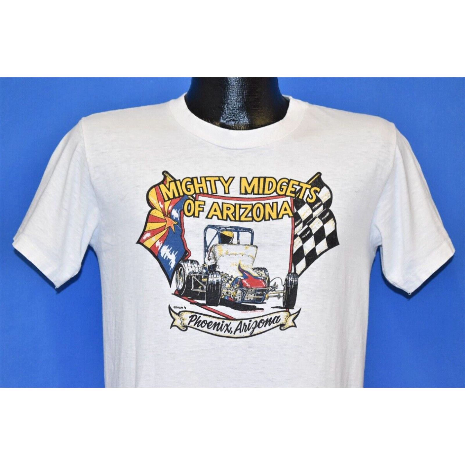 Image of Hanes Vintage 70's Mighty Midgets Of Arizona Phoenix Az Racing Flags White T-Shirt S (Size Small)