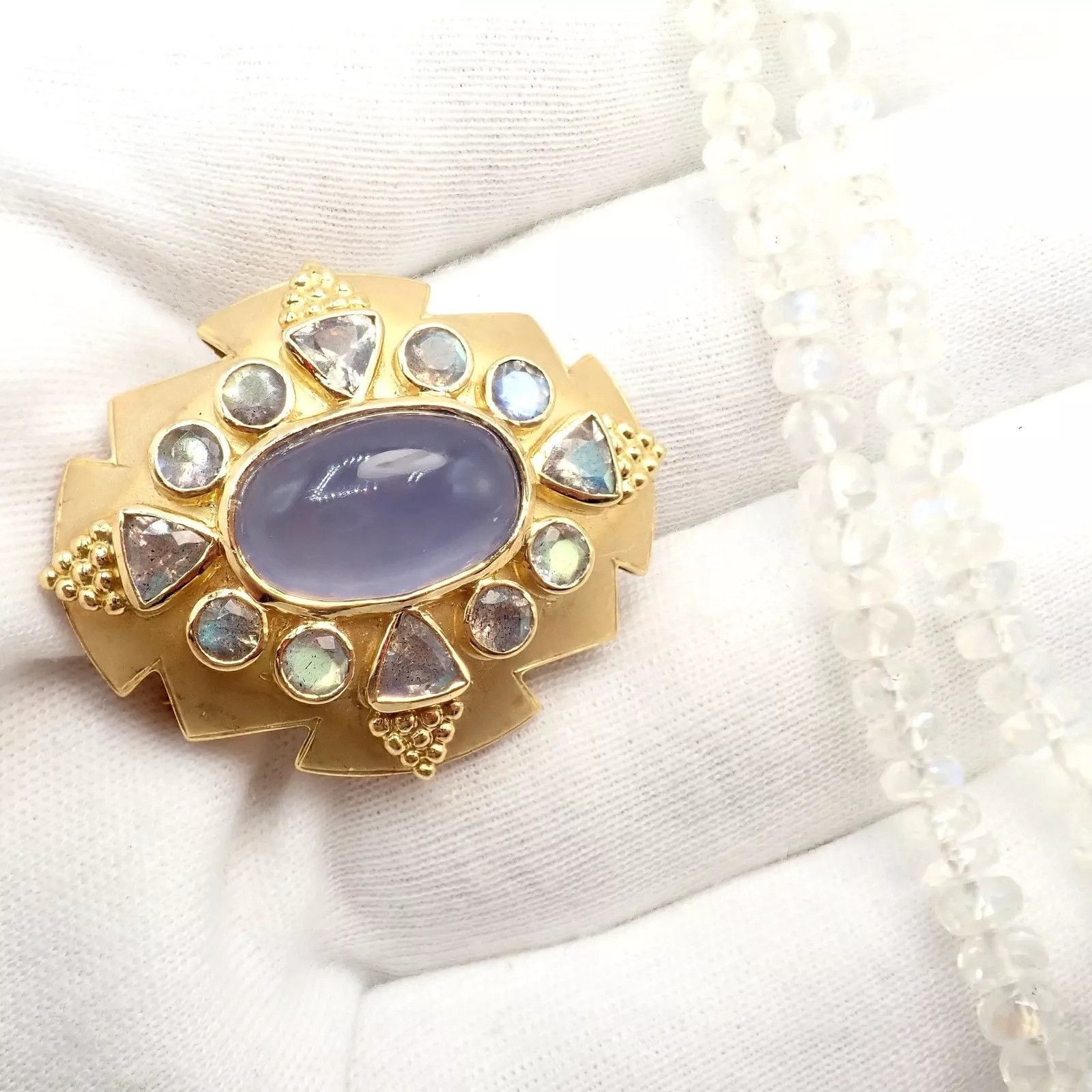 Vintage 18k Gold Set Moonstone Chalcedony Brooch Bracelet Necklace Size ONE SIZE - 5 Thumbnail