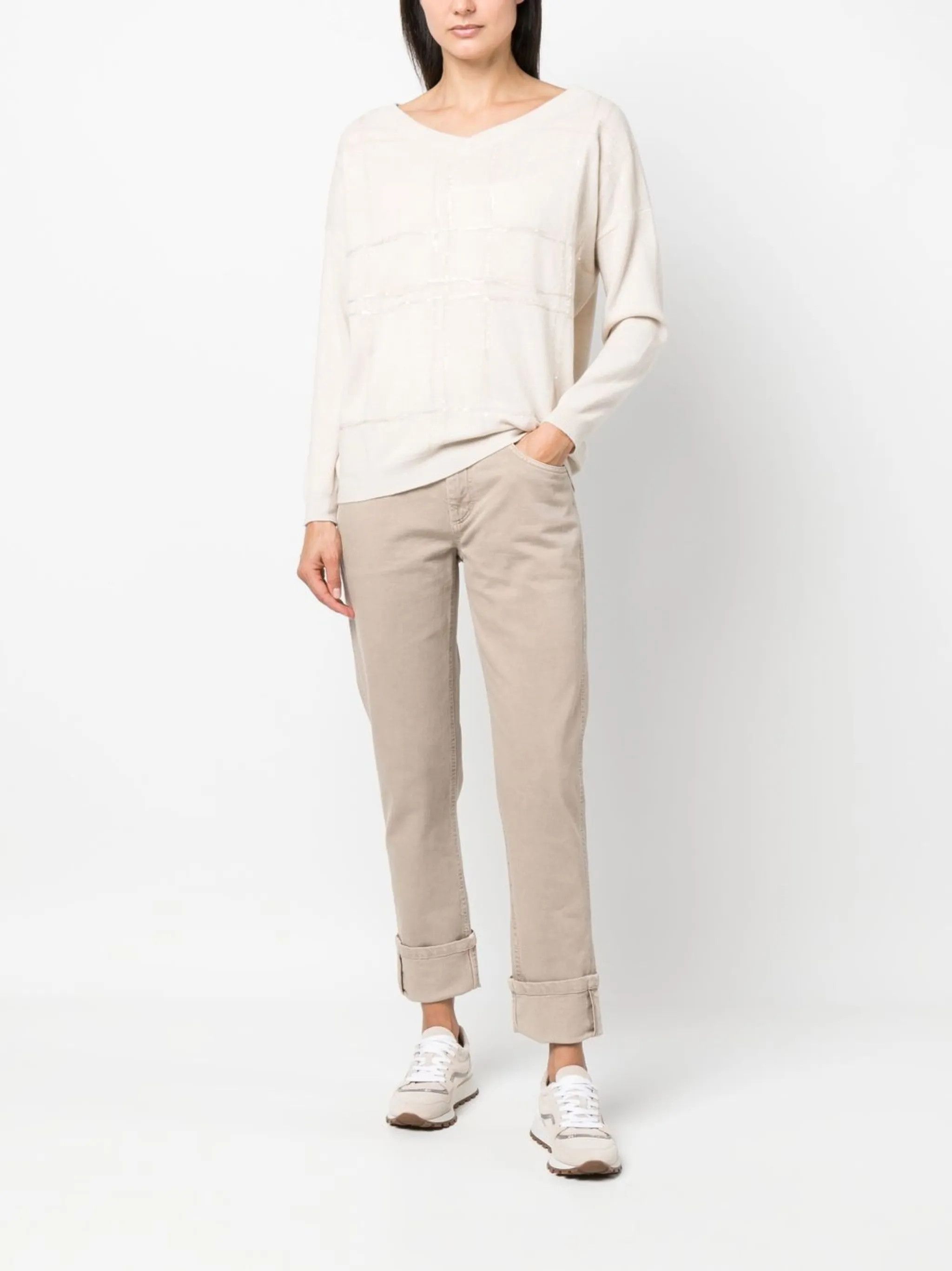 Brunello Cucinelli o1y0825 V-neck Sweater in Ivory Size XS / US 0-2 / IT 36-38 - 5 Thumbnail