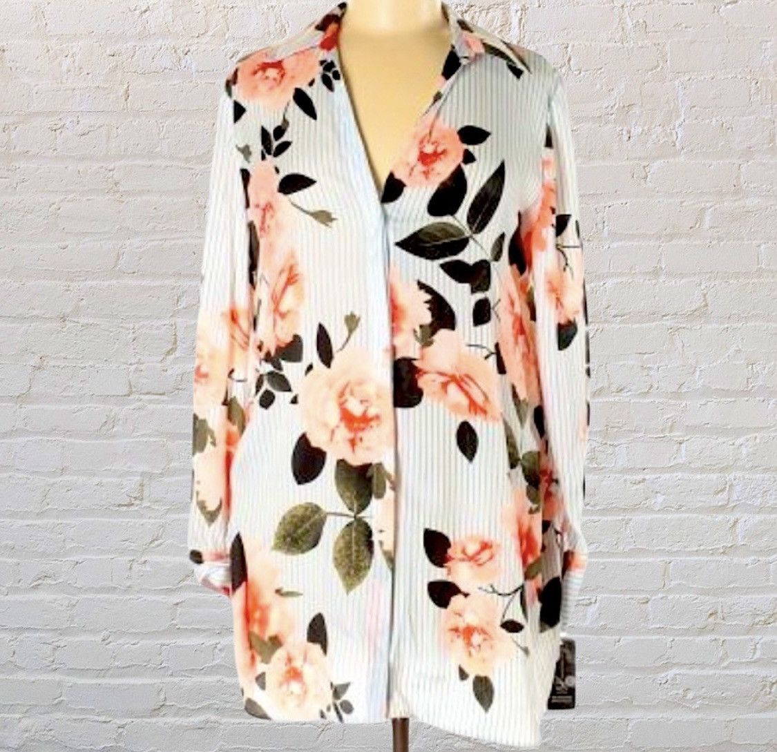 I.N.C INC INTERNATIONAL STRIPED FLORAL ADJUSTABLE SIDE SLIT BLOUSE Size M / US 6-8 / IT 42-44 - 10 Thumbnail
