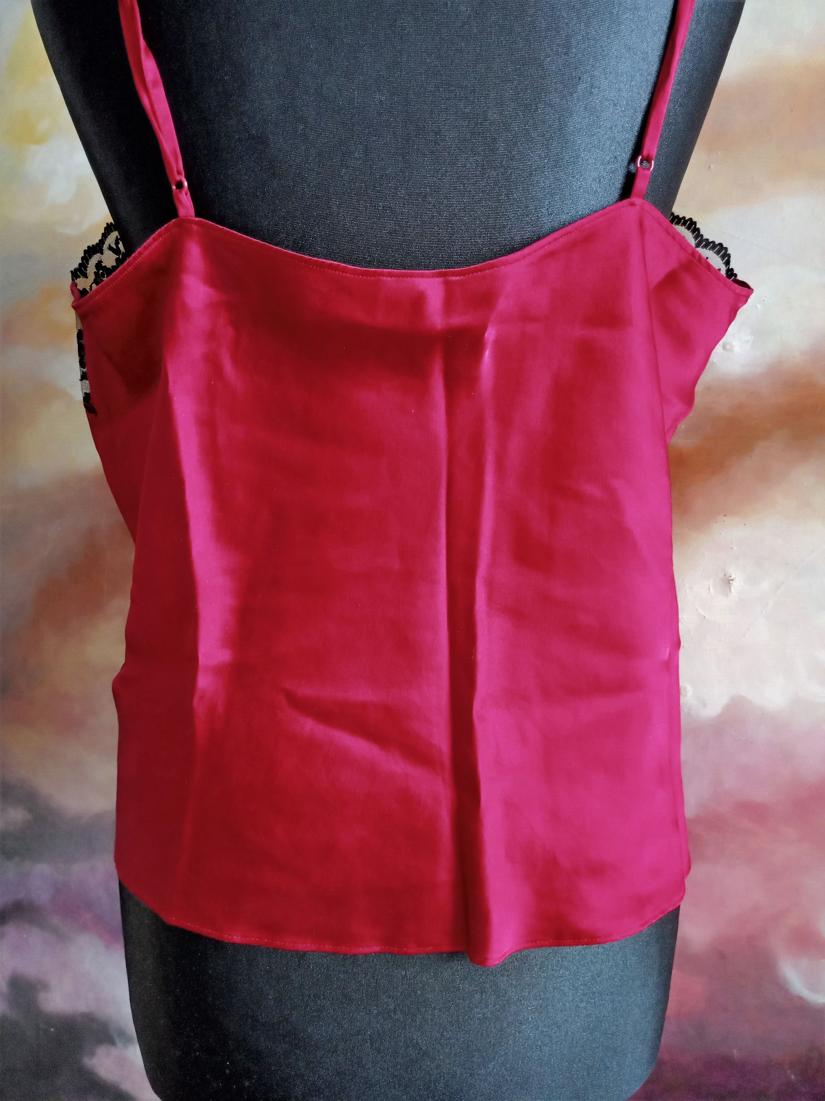 Vintage Red Silk Camisole with black lace Size ONE SIZE - 4 Thumbnail