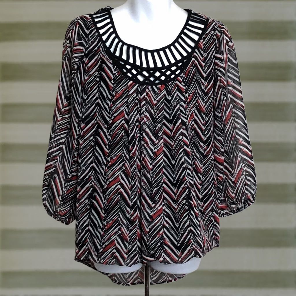Vintage Anyx Chiffon L Blk/red Mod Geo cut out Neck Balloon Hi Lo Hem 3/4 sleeve Blouse Women XS-MLarge? Size L / US 10 / IT 46 - 1 Thumbnail