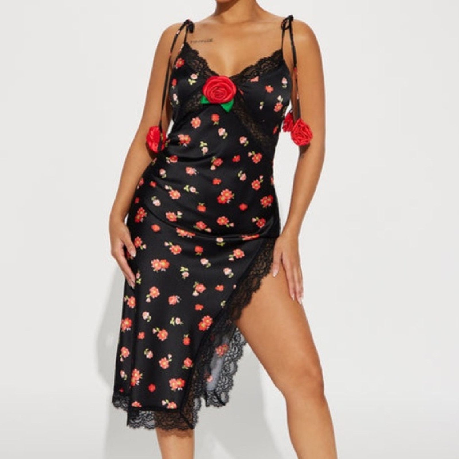 For Love & Lemons 🌹 Nikki Satin Midi Dress Black/RED Size L NWT. (Item #098) Size L / US 10 / IT 46 - 1 Thumbnail