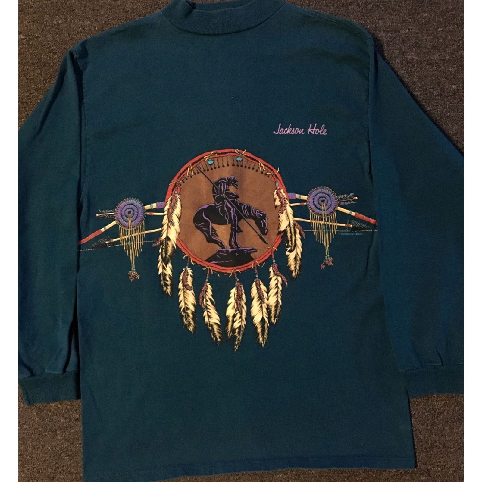 Native VINTAGE Jackson Hole Cowboy All Over Print Shirt M 90s Green Men's Long Sleeve Mock Neck Native Feather Animal Nature Horse Wyoming USA Size US M / EU 48-50 / 2 - 2 Thumbnail