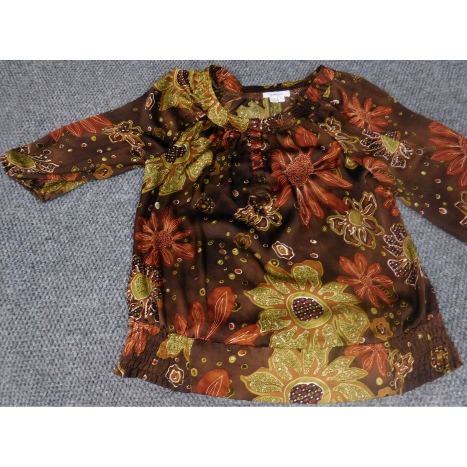 Vintage Dressbarn Womens Blouse Small Brown Floral 3/4 Sleeve Pullover Casual Ry Rayon Polyester Collared Ruffle Basic Classic Womens Regular Store Top Size S / US 4 / IT 40 - 3 Thumbnail