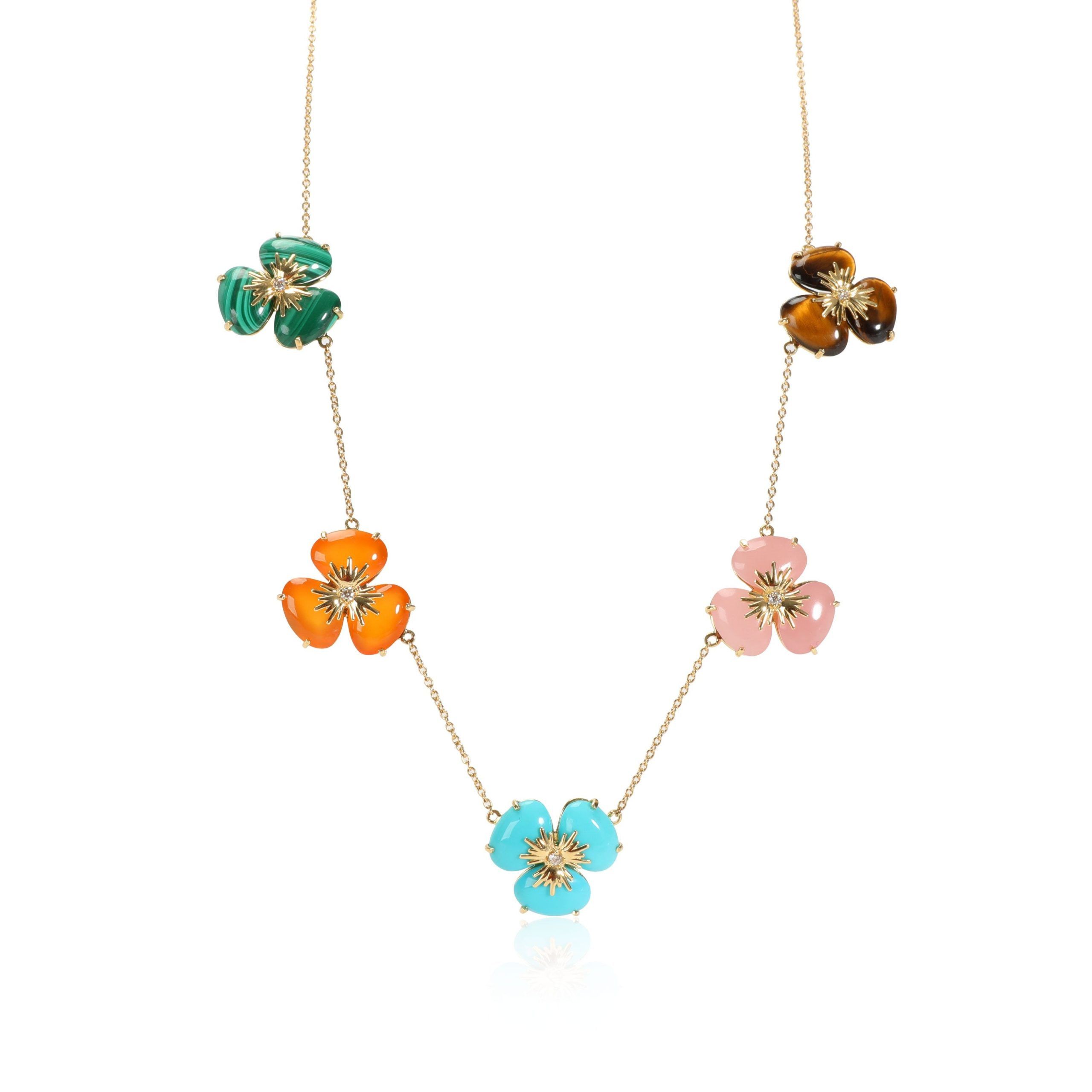 image of Tiffany Co Gemstone Flower Diamond Fashion Necklace In 18K Yellow Gold 0.10 Ctw, Women's