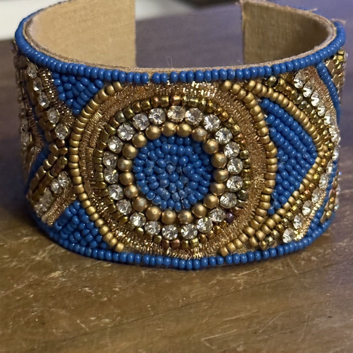 Other Handmade blue and gold beaded rhinestone wide cuff bracelet Size ONE SIZE - 4 Thumbnail