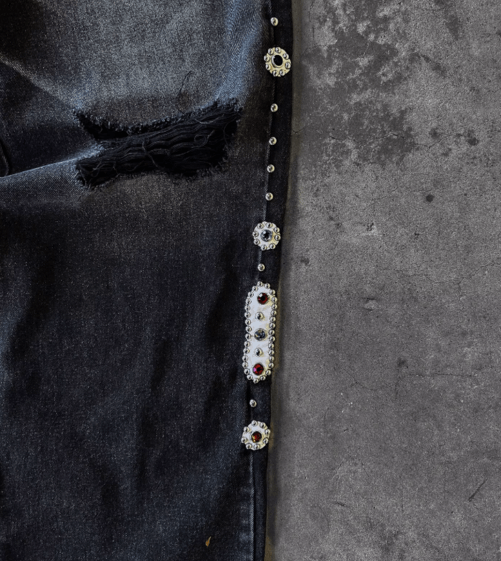 Japanese Brand 4Punk Vintage Rhinestone Embellished Black Jeans Size US 30 / EU 46 - 4 Thumbnail