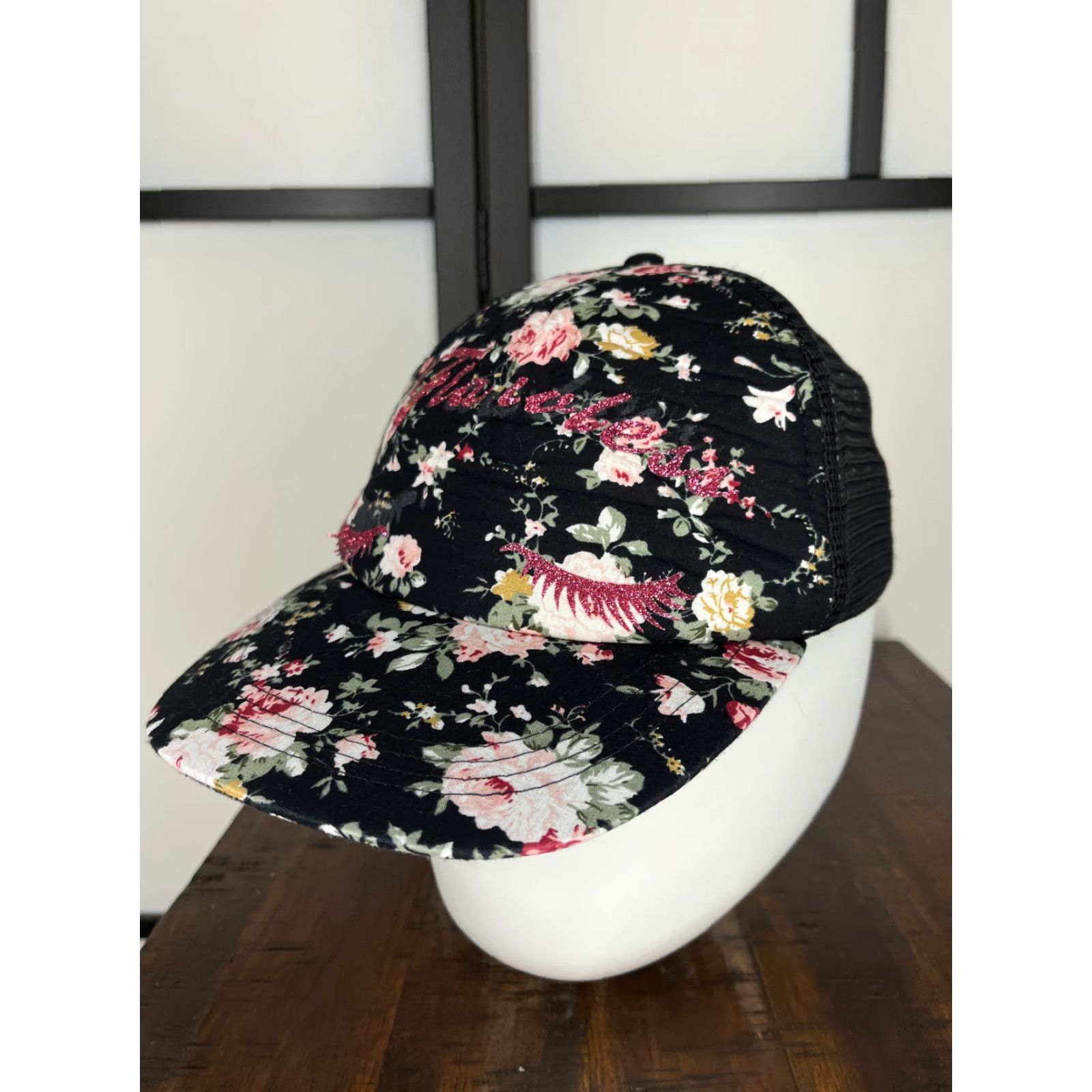 Pinko Womens One Size Hat Snap Back Black Pink Floral Glitter Trucker Polyester Size ONE SIZE - 4 Thumbnail