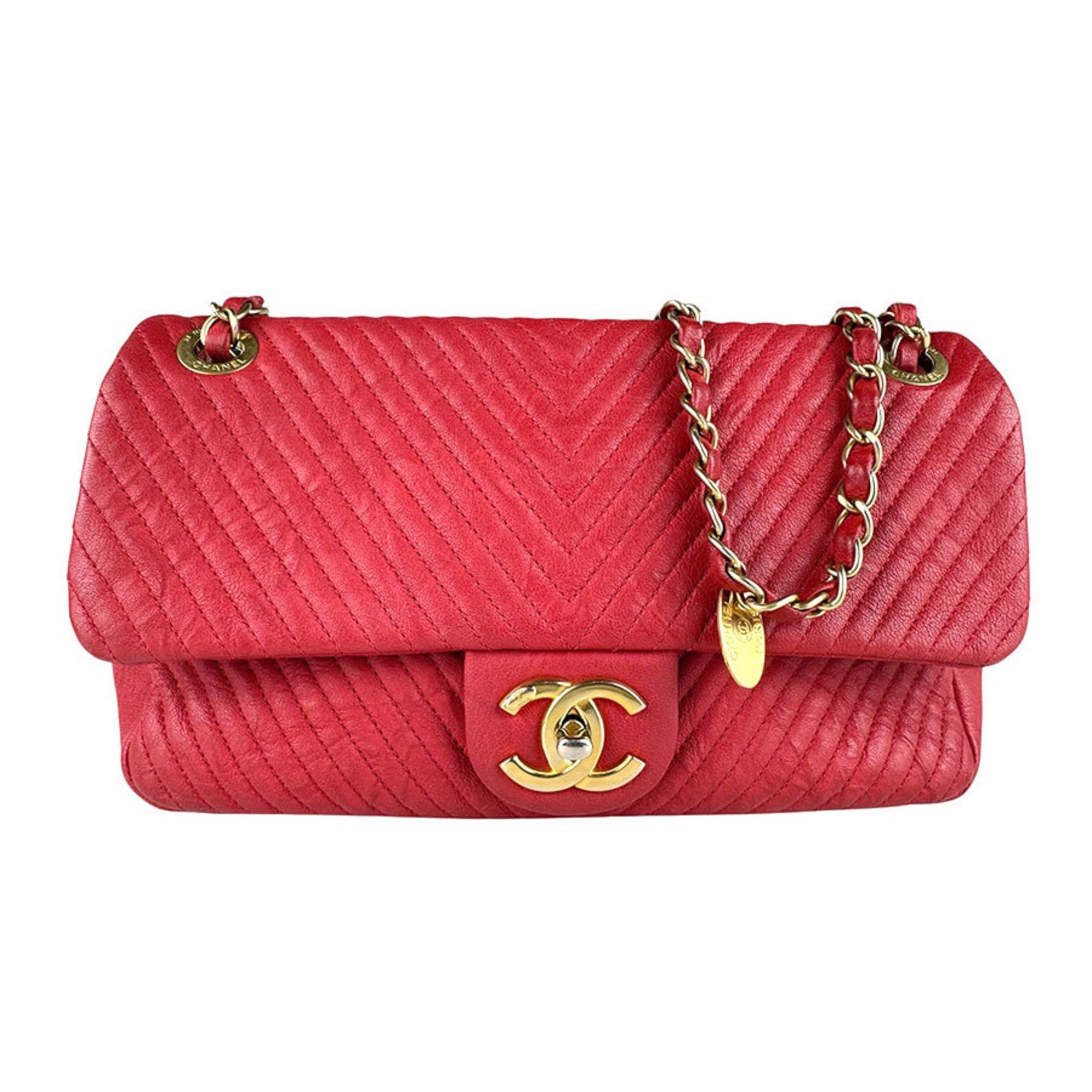 CHANEL Shoulder Bag Leather Red Gold Women's Free Shipping z8801
