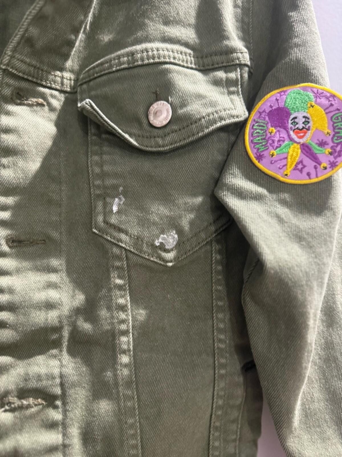 Zara Zara Olive Green Denim Jacket with Colorful Sleeve Patch Size S / US 4 / IT 40 - 3 Thumbnail