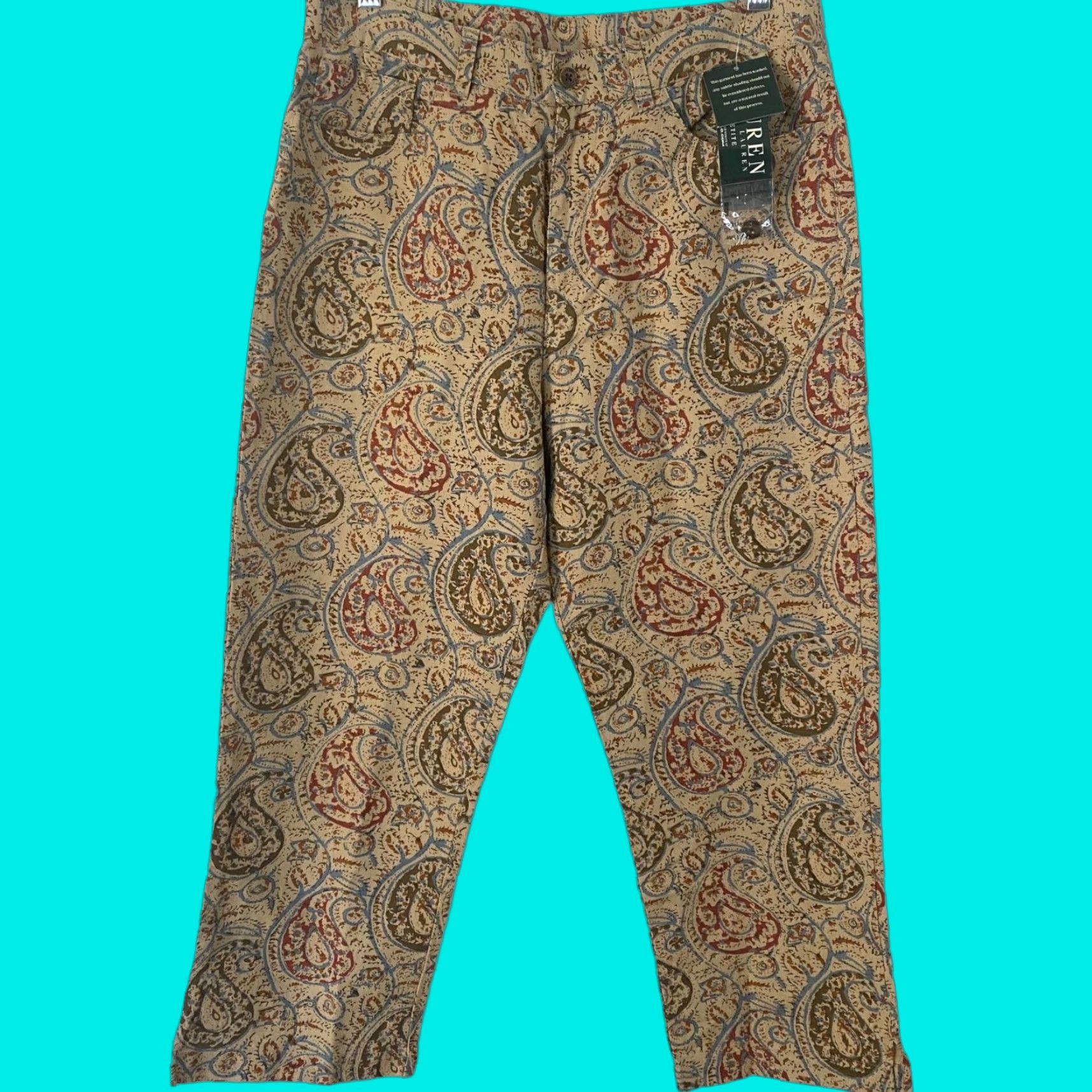 Ralph Lauren VINTAGE Lauren Ralph Lauren Pants Paisley Cropped Women's 10P Tan Linen Cotton High Rise Straight Leg 24" Inseam Womens Size 32" / US 10 / IT 46 - 1 Thumbnail
