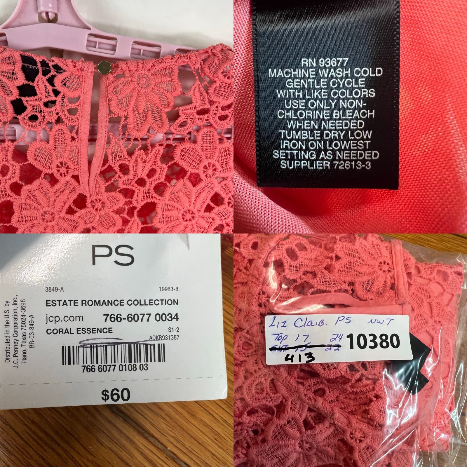 Liz Claiborne Liz Claiborne Top Blouse PS Coral Short Sleeve Lace Floral Lined Knit Polyester Satin? Size S / US 4 / IT 40 - 8 Thumbnail