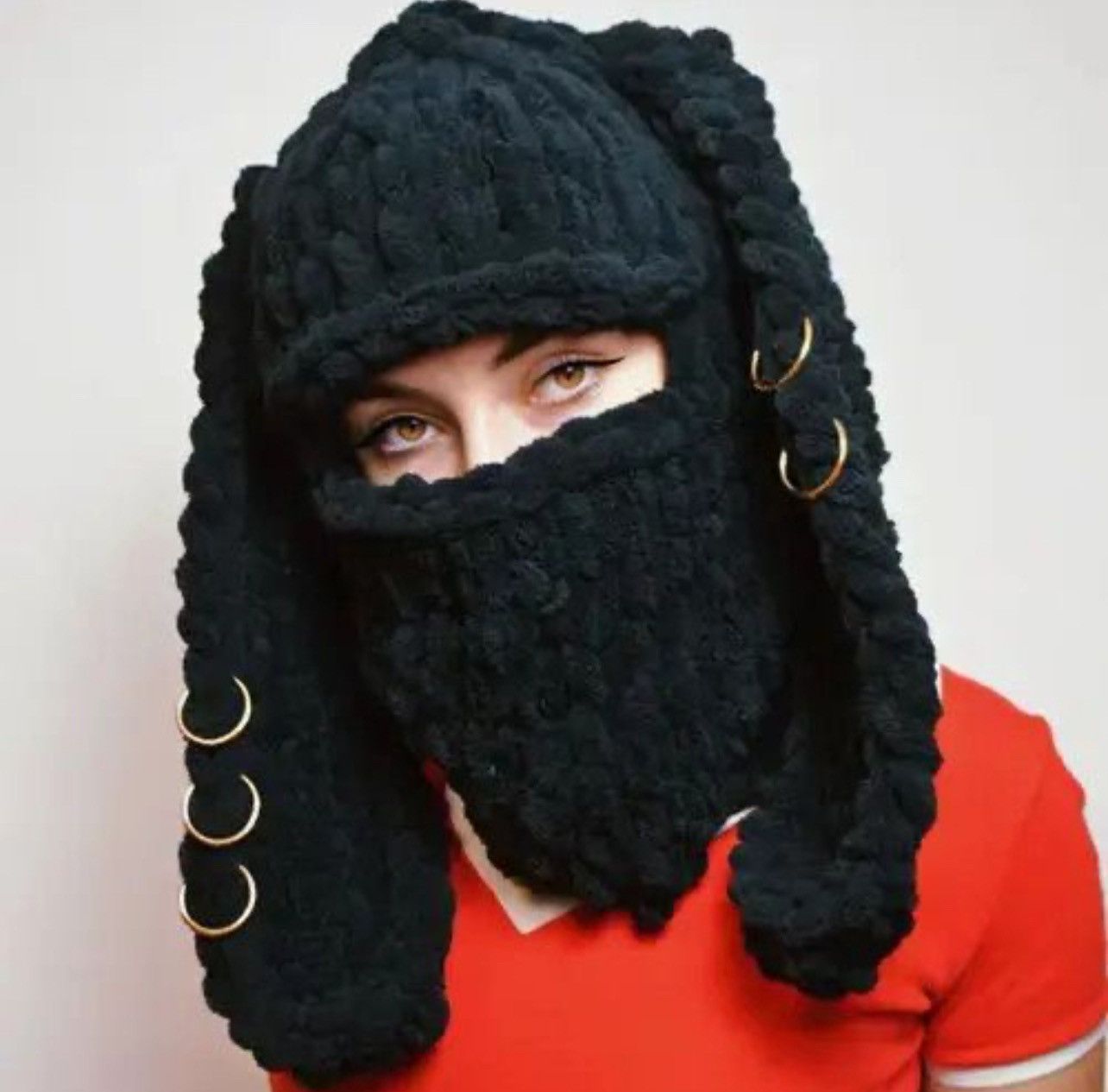 Japanese Brand × Vintage Knitted bunny ear black balaclava (with out ring) Size ONE SIZE - 1 Thumbnail