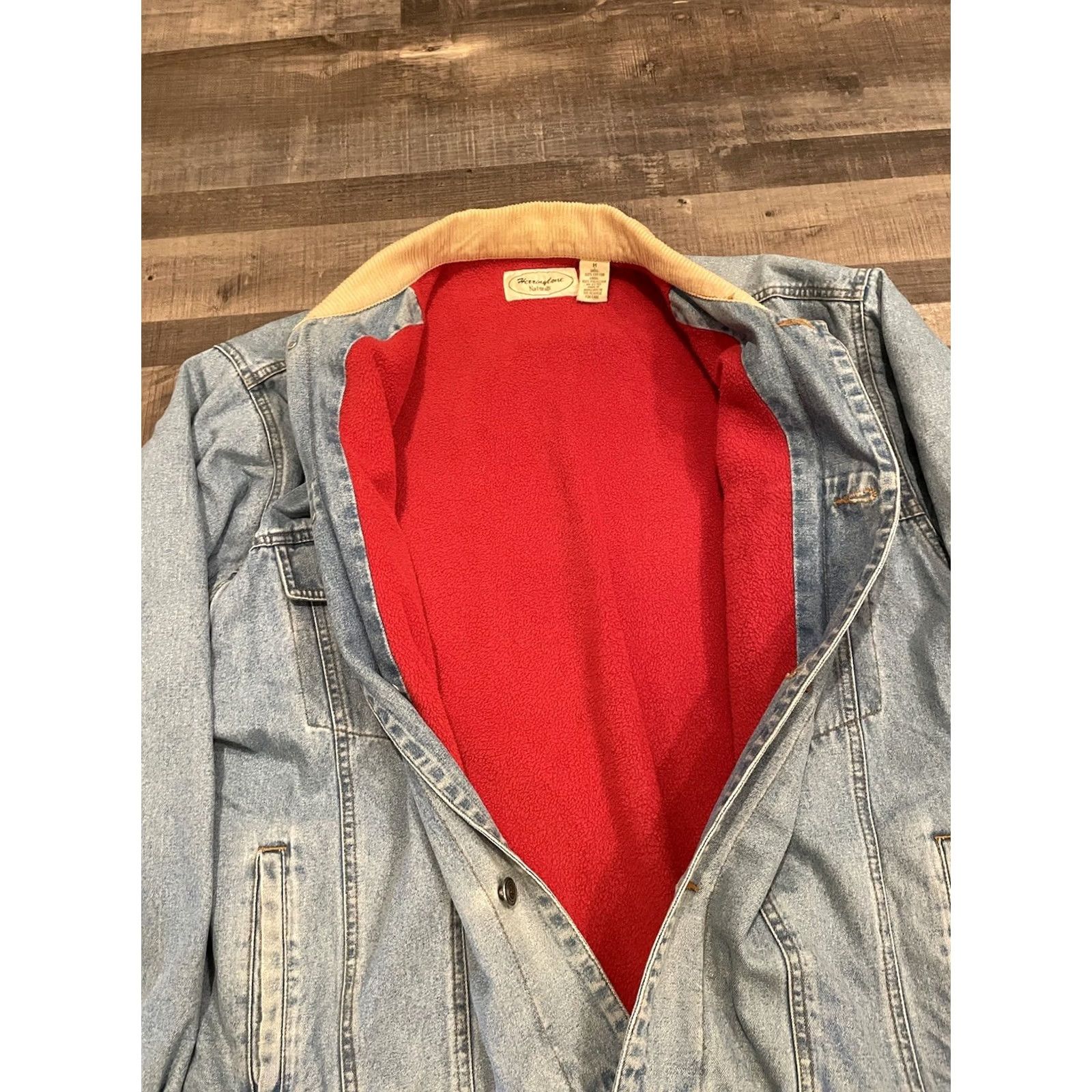 Denime VINTAGE Herringbone Natural Fleece Lined Denim Jean Jacket Men’s Size M Blue Bomber Jacket Casual Short Cotton Lined Polyester Regular Button Men Size US 31 - 6 Thumbnail