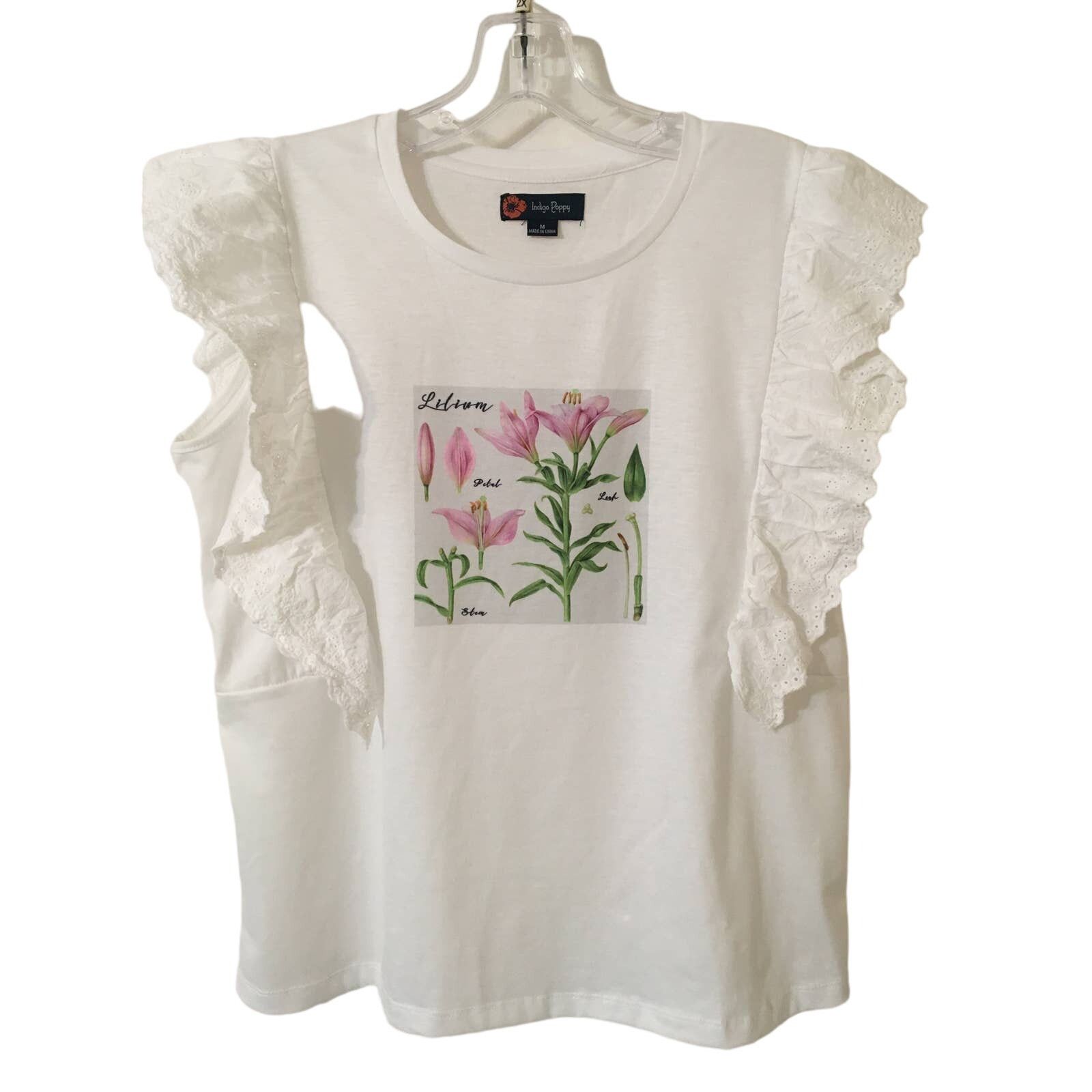 Other Indigo Poppy Medium White Blouse Pink Lillies Eyelet Sleeves Size M / US 6-8 / IT 42-44 - 1 Thumbnail