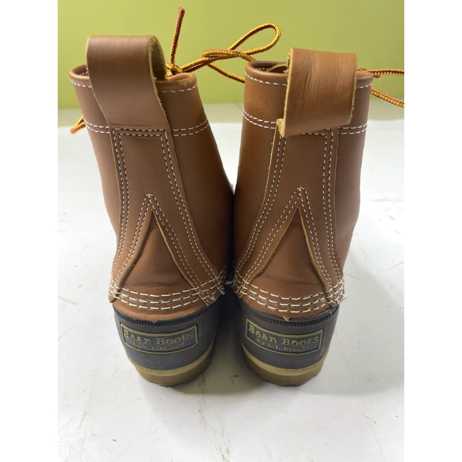 Vintage LL Bean Boots Women's 7M Tan Brown Leather L.L.Bean Bean Boots Duck Rain Boot Lace Up M Rubber Block Heel Flat Hunting Size US 7 / IT 37 - 4 Thumbnail