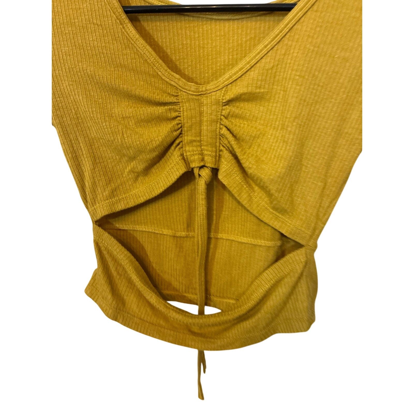 Other Olive Mustard Ribbed Knit Cutout Crop Top Ruched Front Small Size S / US 4 / IT 40 - 4 Thumbnail