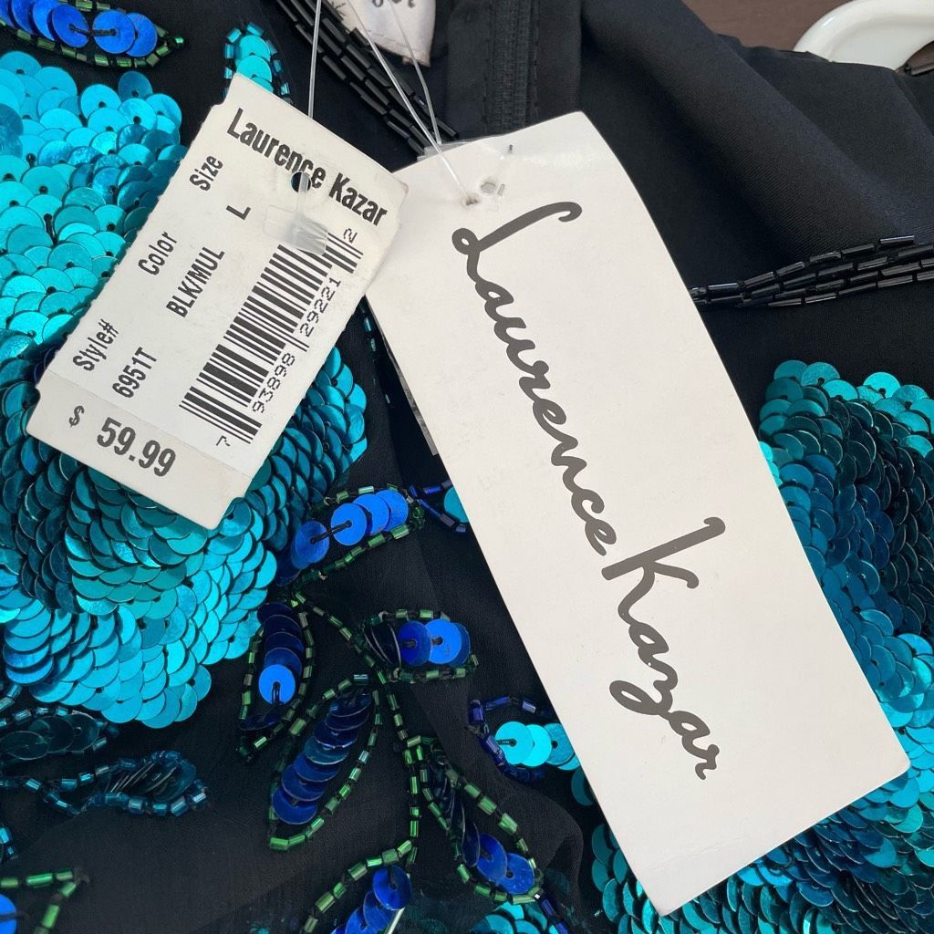 Other NWT NOS Laurence Kazar Beaded Sequin Short Sleeve Silk Top Blue Black L Size L / US 10 / IT 46 - 8 Thumbnail