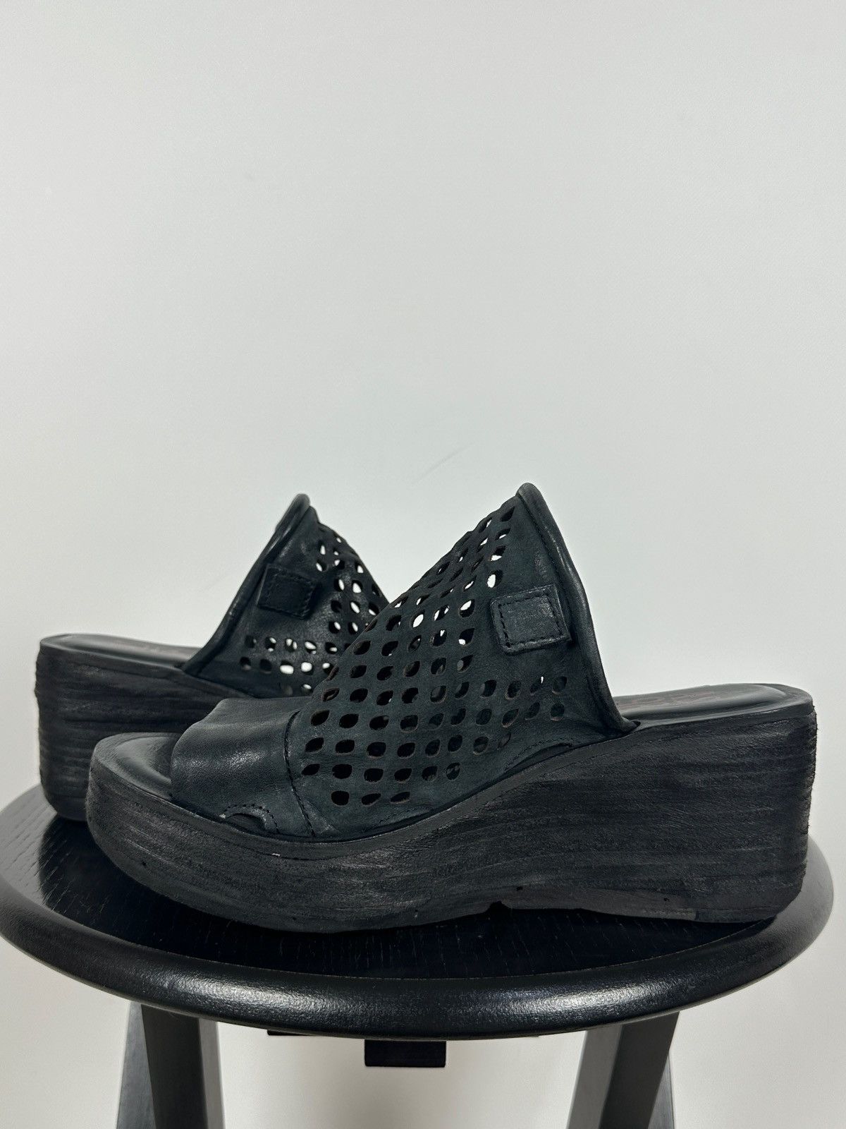 A.S.98 A.S.98 Black Perforated Leather Platform Slide Mules Sandals Size US 7 / IT 37 - 7 Thumbnail