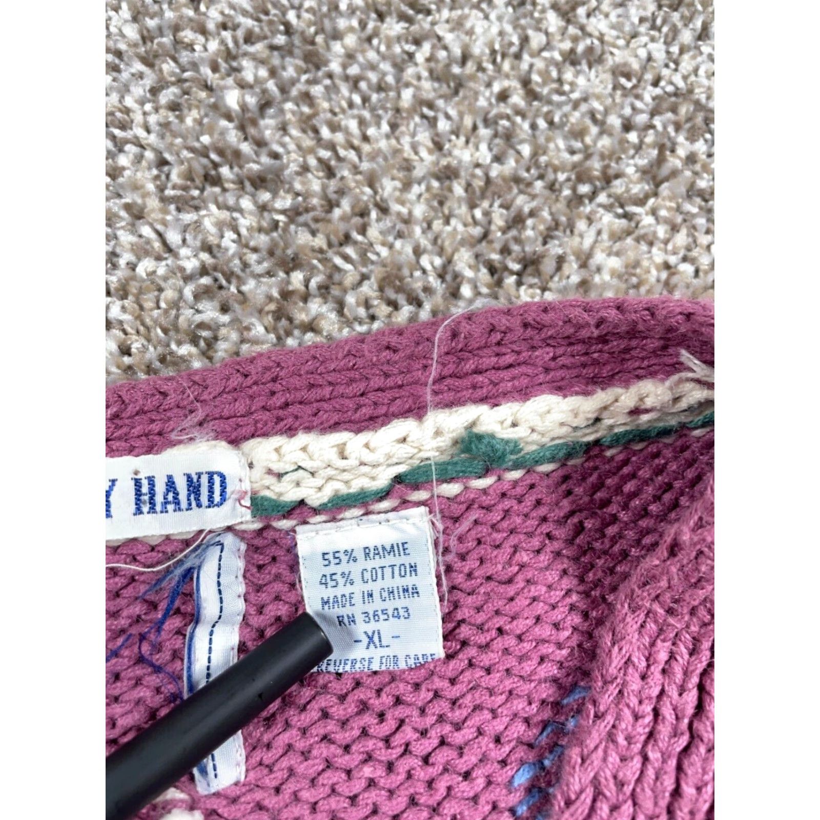 Vintage VINTAGE Women's Sweater XL Pink Paisley Hand Knit V-Neck Heavyweight Cotton Ramie 90s Hippie Retro Womens Size XL / US 12-14 / IT 48-50 - 4 Thumbnail