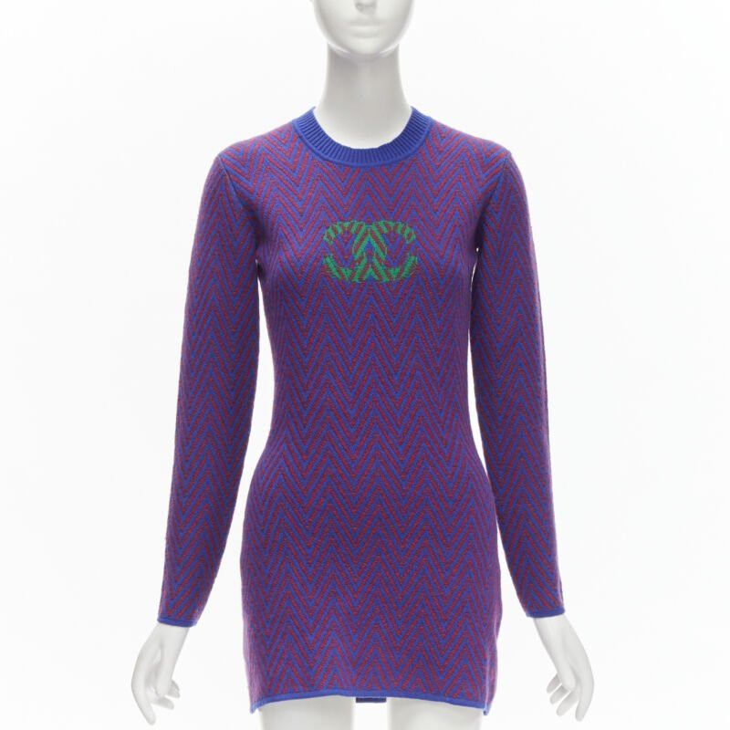 Chanel CHANEL 100% cashmere blue red chevron green CC logo crystal brooch dress FR34 XS Size XS / US 0-2 / IT 36-38 - 1 Thumbnail