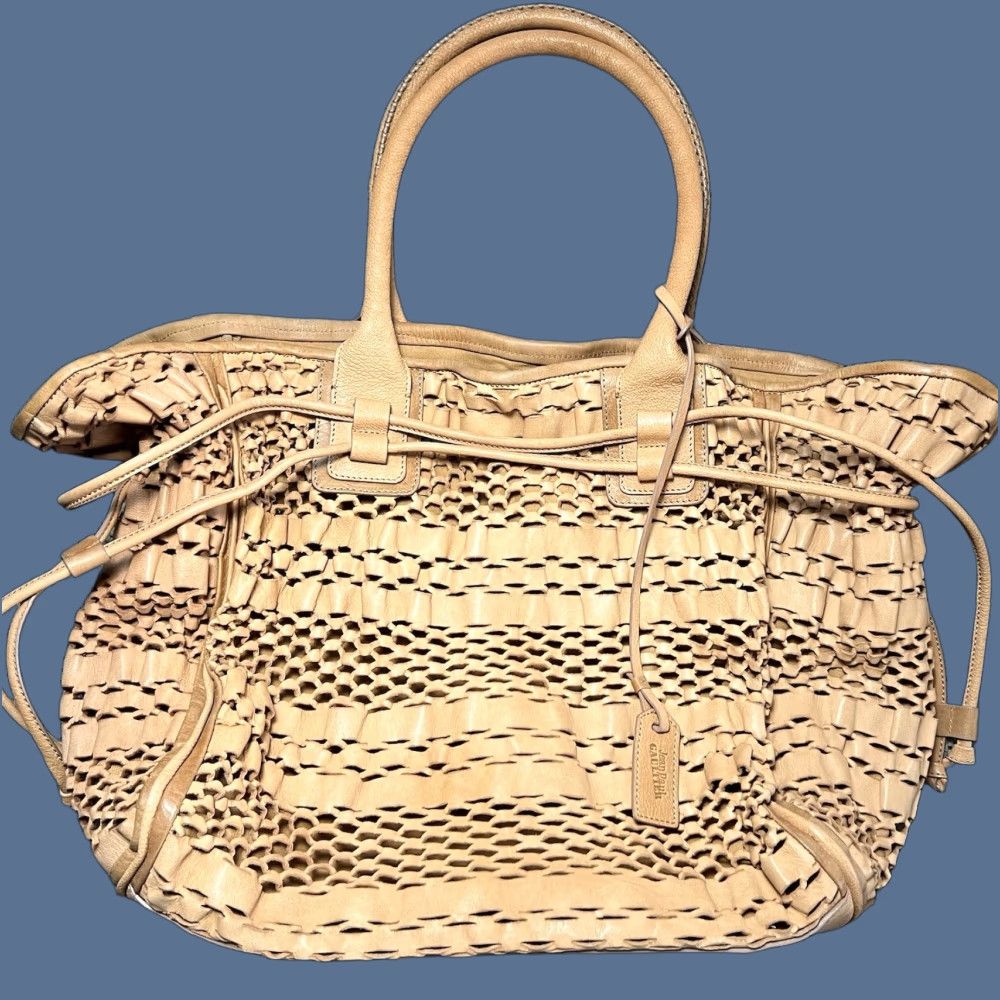 Jean Paul Gaultier NICE! Jean Paul Gaultier Tan Leather Netting Bucket Bag Shoulder Bag Women Large Beige Canvas Lining Bag Charm 14” tall 15” wide 5” deep 9” strap drop Size 36" / US 14 / IT 50 - 1 Thumbnail