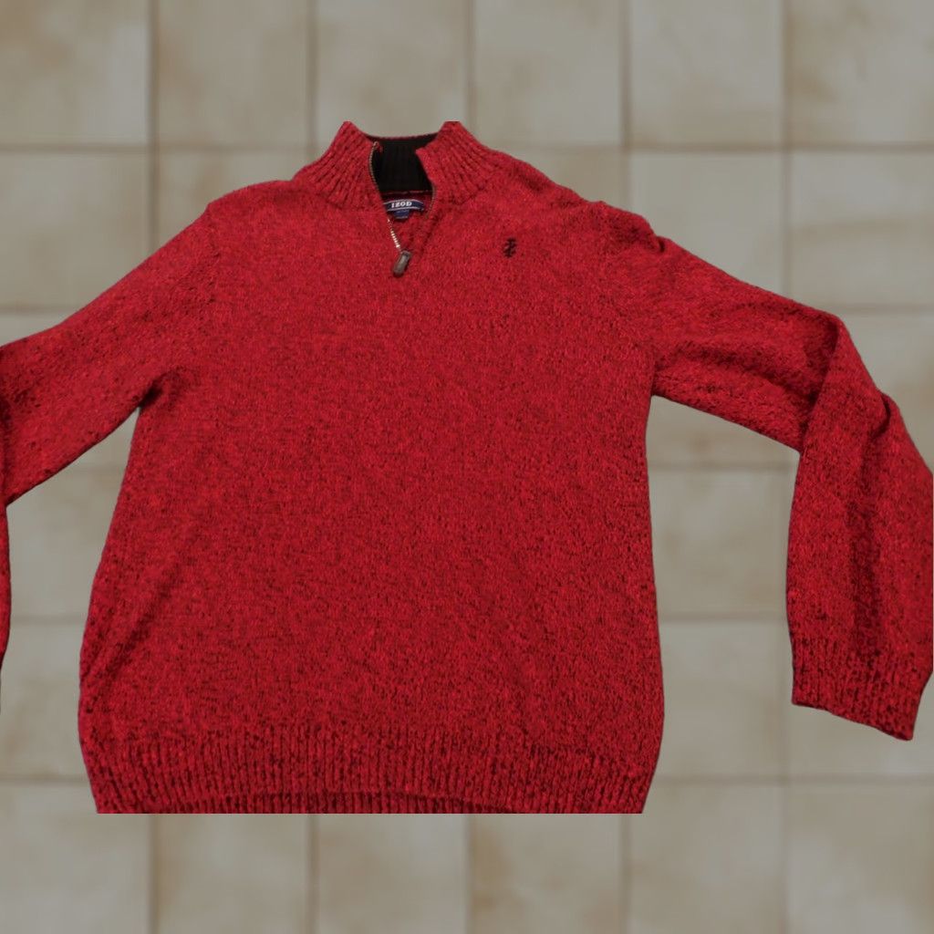Izod VINTAGE IZOD Womens Sweater XL Red Pullover Mock Neck Puff Sleeve Cotton Knit Stretch Open Bow Button Size XL / US 12-14 / IT 48-50 - 1 Thumbnail