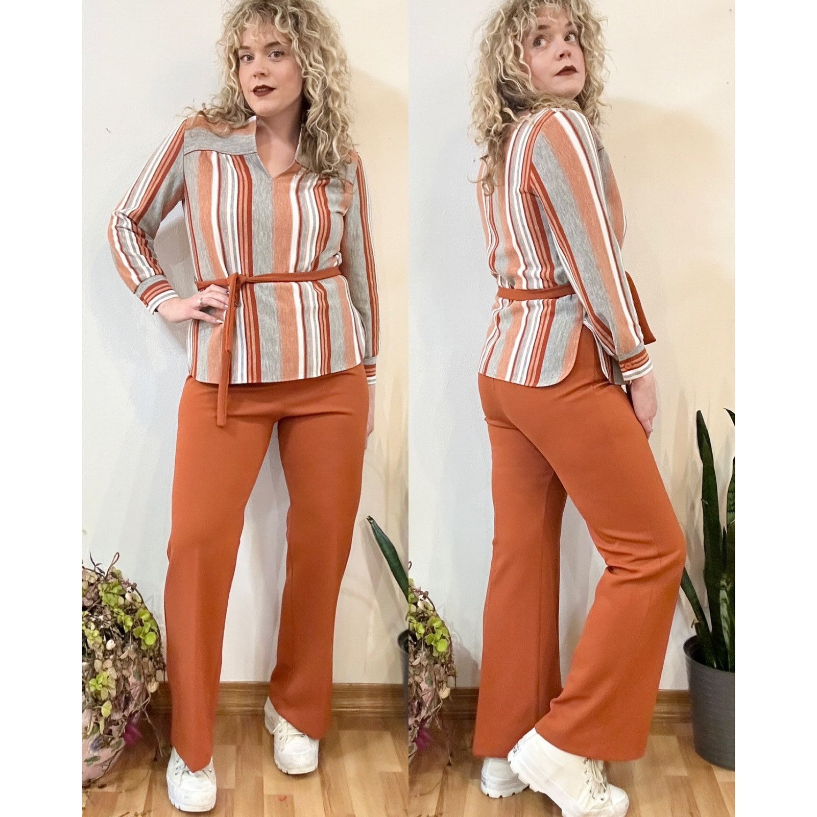 Vintage 70s Burnt Orange Stripe Tunic Set Size 38" / US 16 / IT 52 - 2 Thumbnail