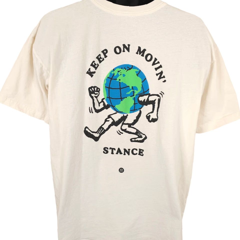 Vintage Stance Earth T Shirt Mens XL White Keep On Movin Globe World Short Sleeve Crew Neck T-Shirt Mens Stance White Earth Day Size US XL / EU 56 / 4 - 4 Thumbnail