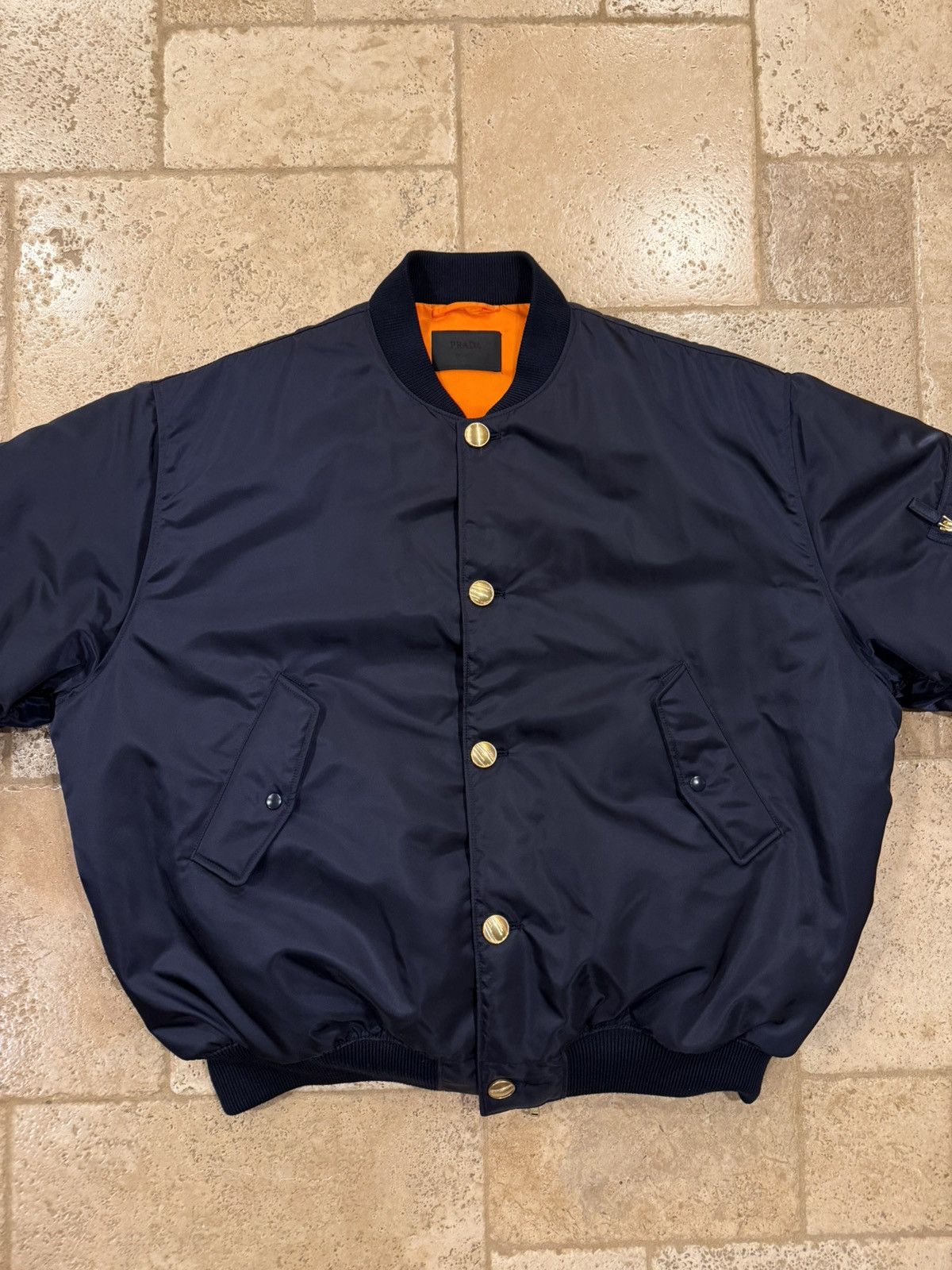 Prada Prada Re-Nylon Gold Logo Navy Blue Oversized Bomber Jacket Size US M / EU 48-50 / 2 - 7 Thumbnail