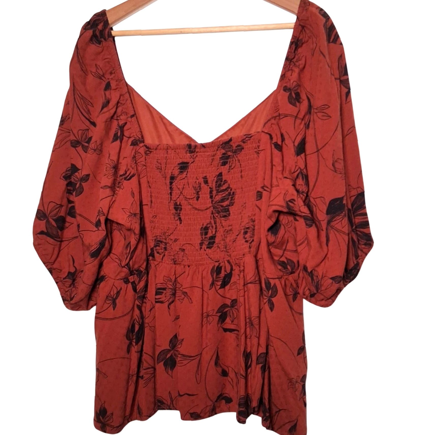 Torrid Torrid Blouse 4X Plus Size Flutter Sleeve V-Neck Smocked Floral Rust Orange Boho Hippie Peasant Milkmaid Woven Shirt Women Regular Size XXL / US 16-18 / IT 52-54 - 2 Thumbnail