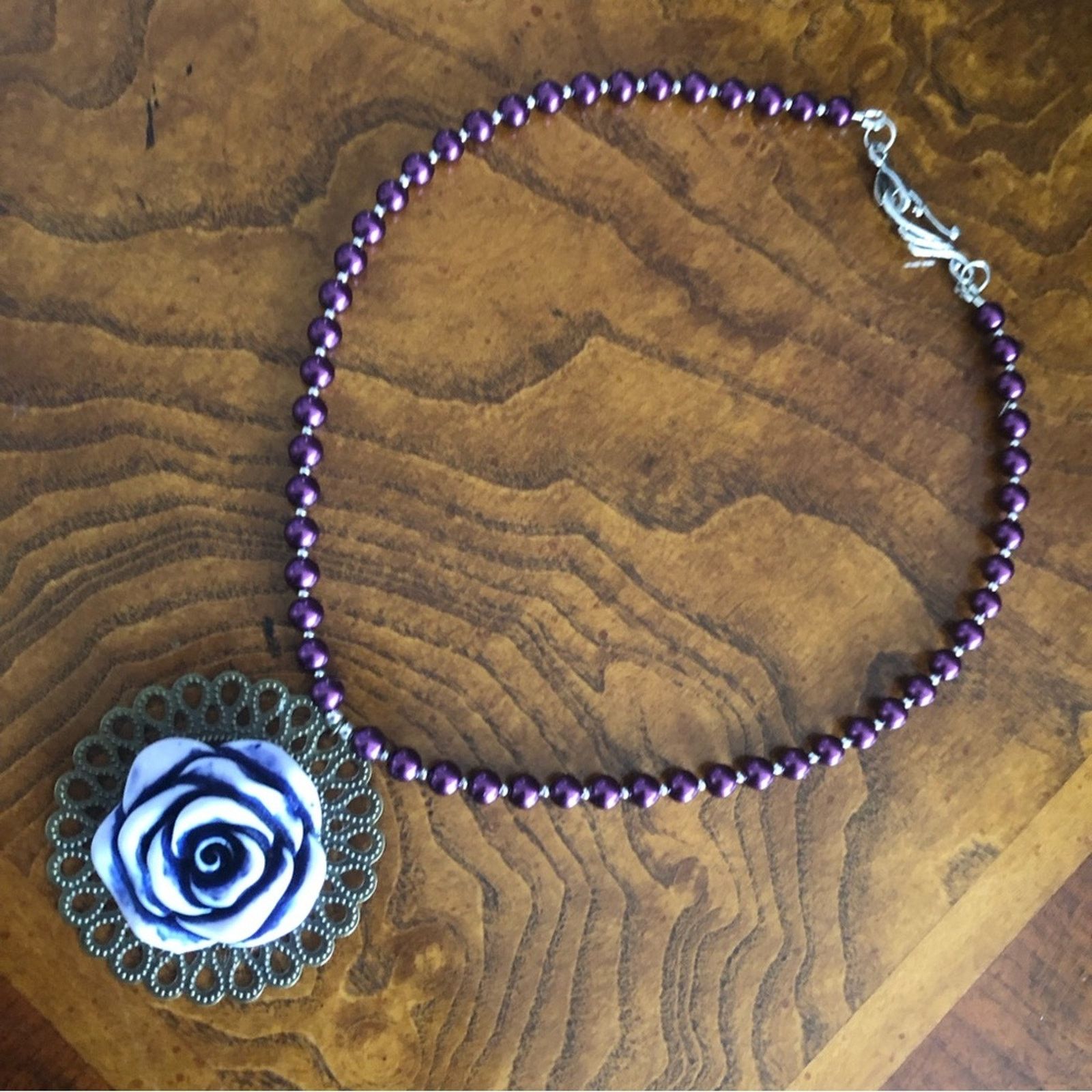 Handmade Handcrafted repurpose purple rose pendant Pearl necklace Size ONE SIZE - 9 Thumbnail