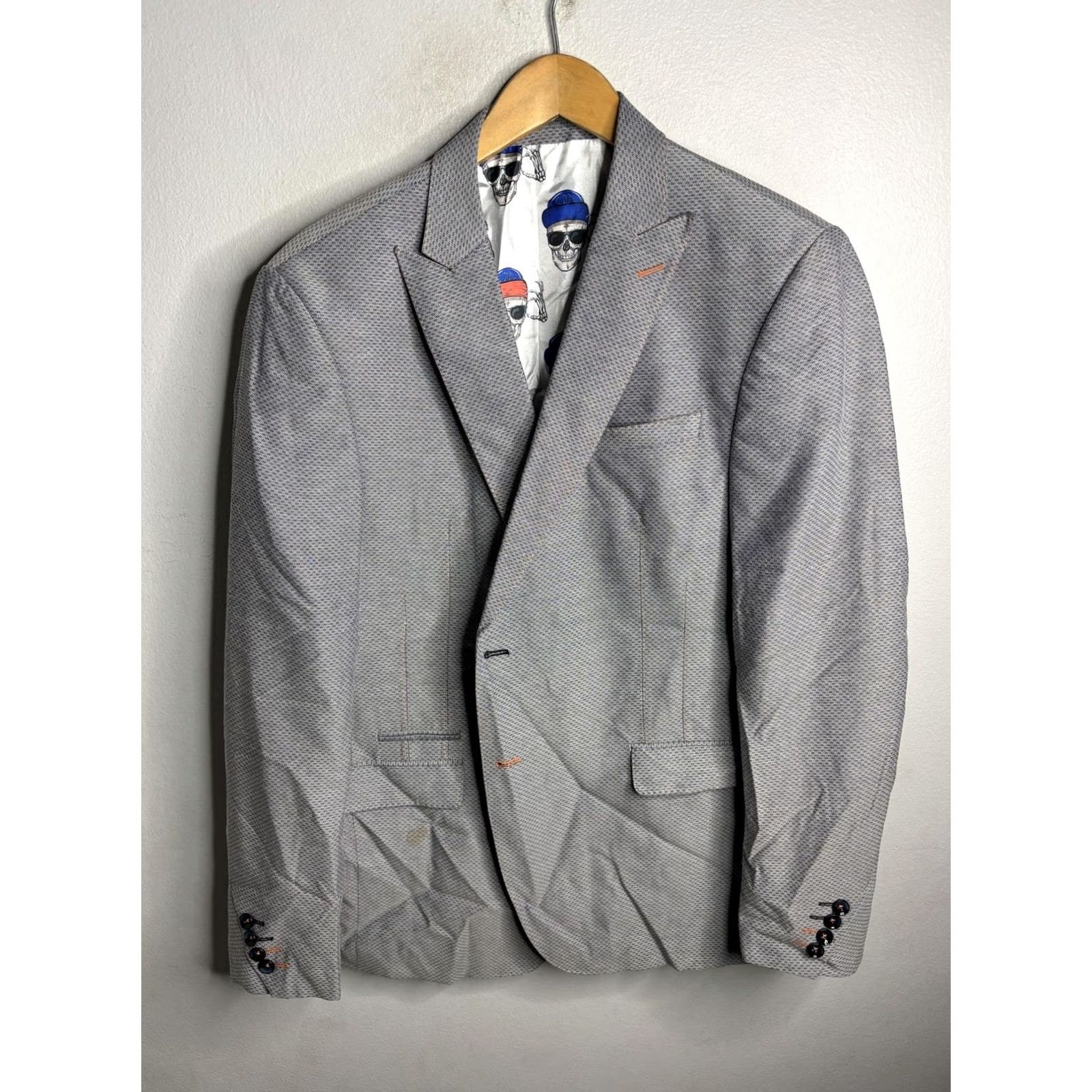 Maceoo MACEOO Blazer Mens 44 Blue Geometric Skull Lining Single-Breasted 2-Button Jacket Sport Coat Adult Mens Size 44R - 2 Thumbnail