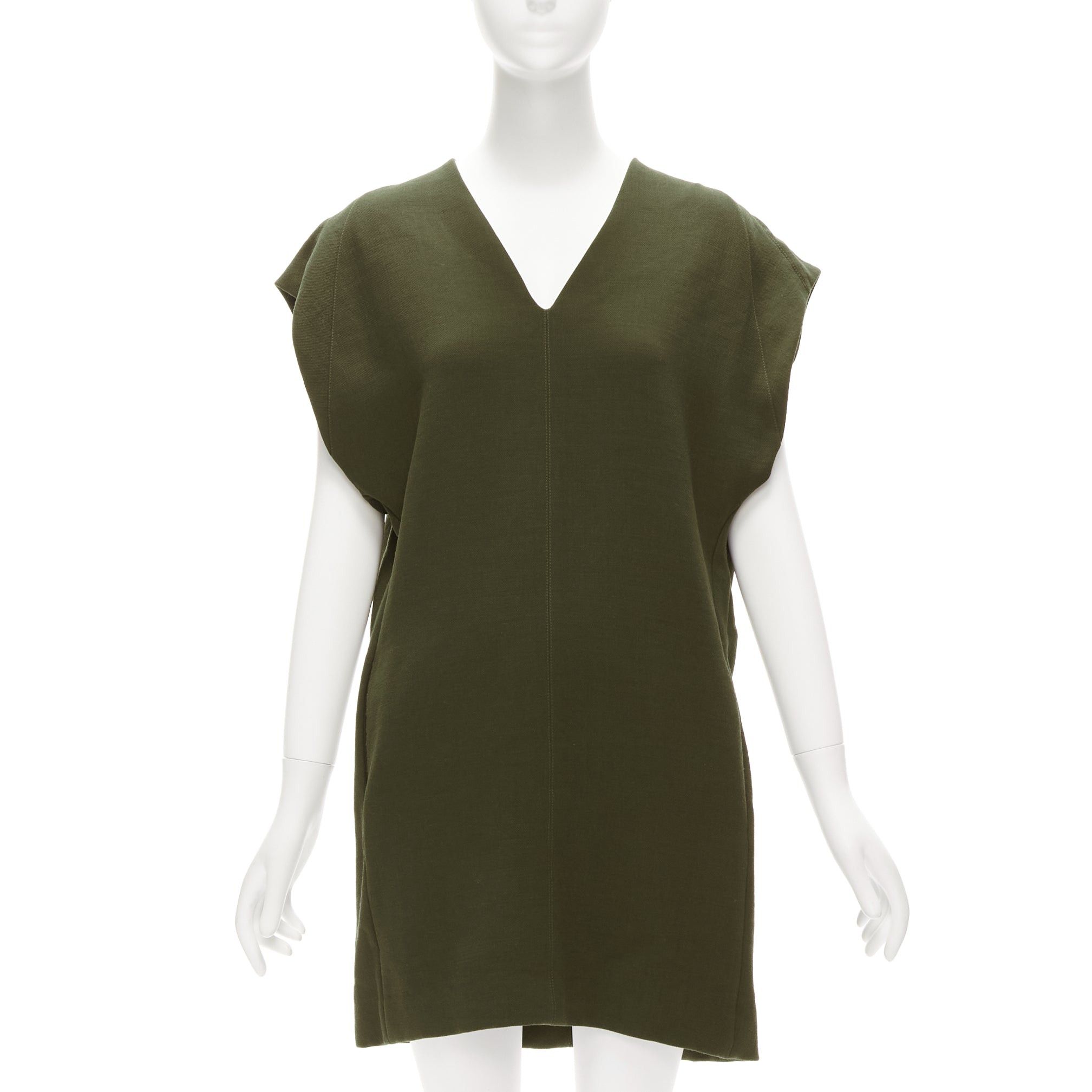 image of Marni 100% Virgin Wool Olive Silk Lined V Neck Boxy Mini Dress It40 S in Khaki, Women's (Size Small