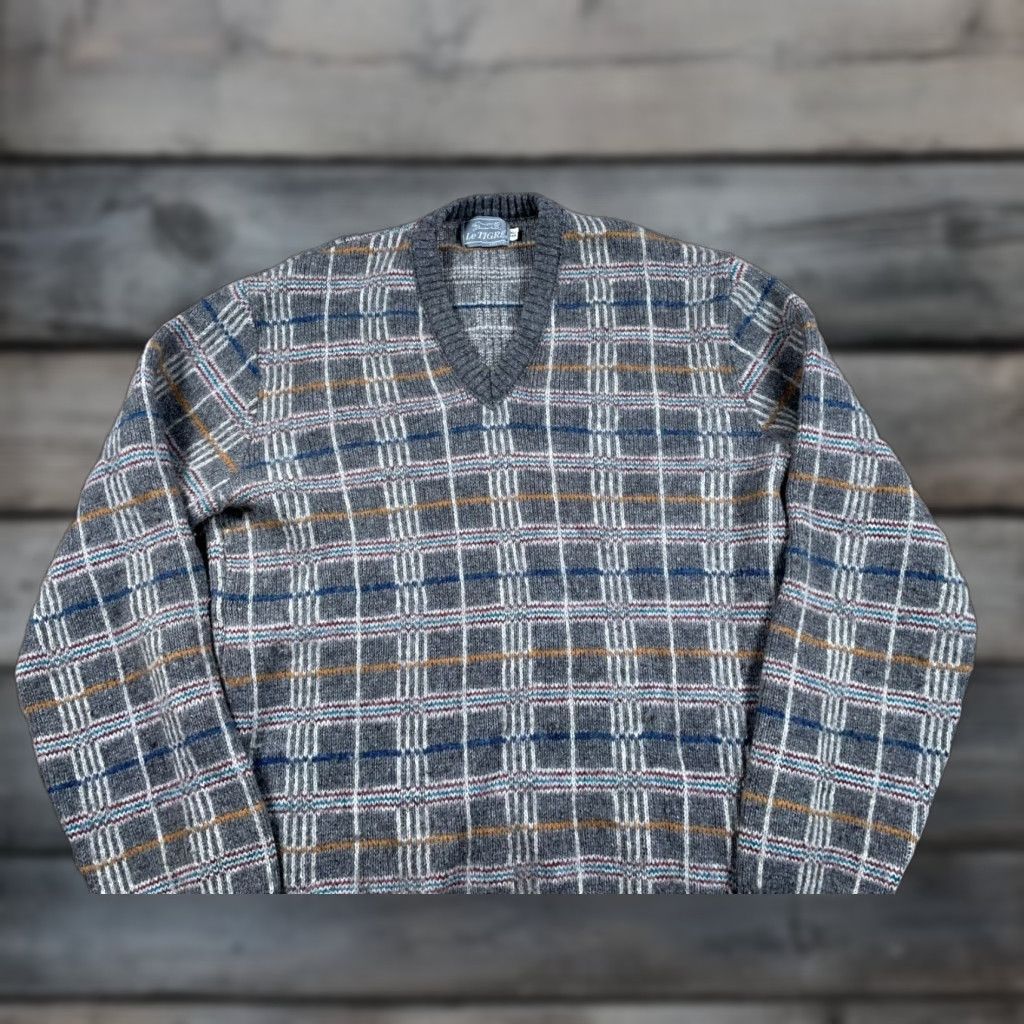 Vintage VINTAGE Le Tigre Sweater Adult 2XL Tall Gray Wool Blend V-Neck Check Heavyweight 80s Mens Size US XXL / EU 58 / 5 - 1 Thumbnail