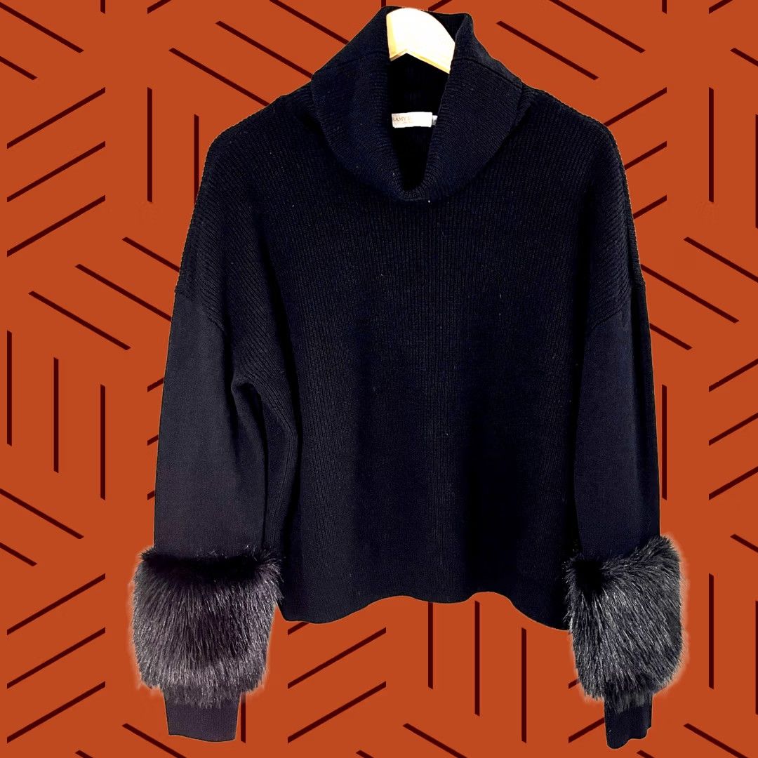 Ramy Brook Sweater Womens L Black Faux Fur Trim Ribbed Wool Knit Pullover Long Sleeve Turtleneck Casual Womens