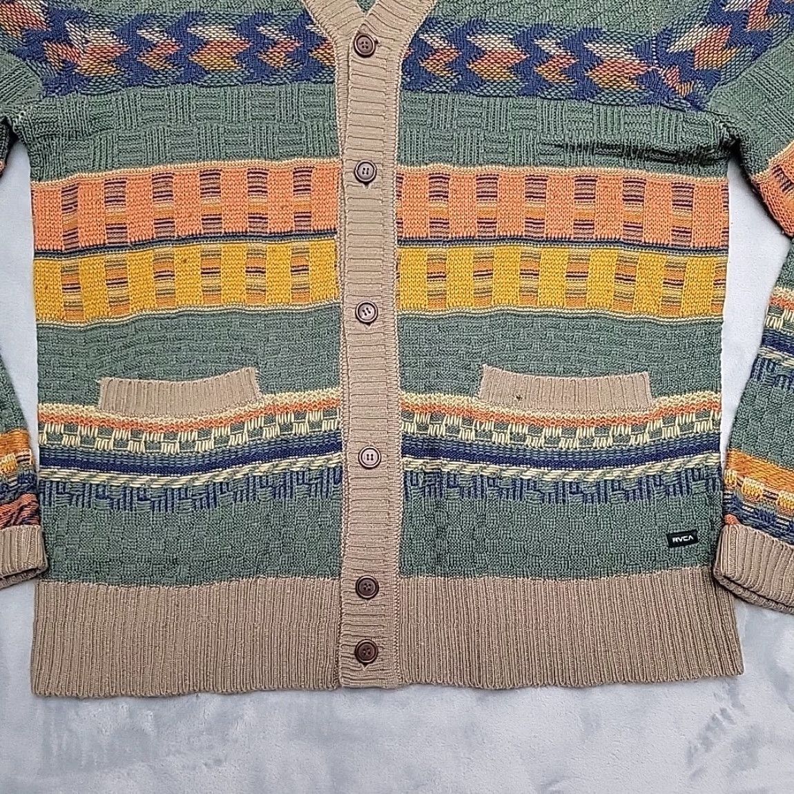 RVCA RVCA Cardigan Sweater Mens Medium Green Geometric 3D Knit Ribbed V-neck Button Size US M / EU 48-50 / 2 - 2 Thumbnail