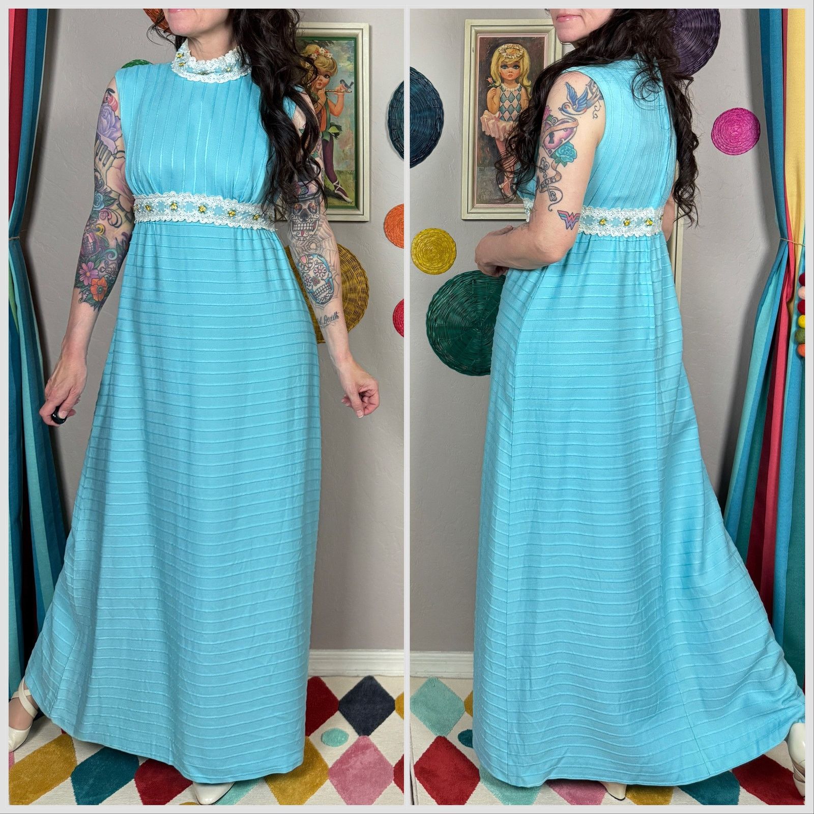 Vintage Vintage 60s Sky Blue Sleeveless A-Line Mock Neck Maxi Dress Size S / US 4 / IT 40 - 3 Thumbnail