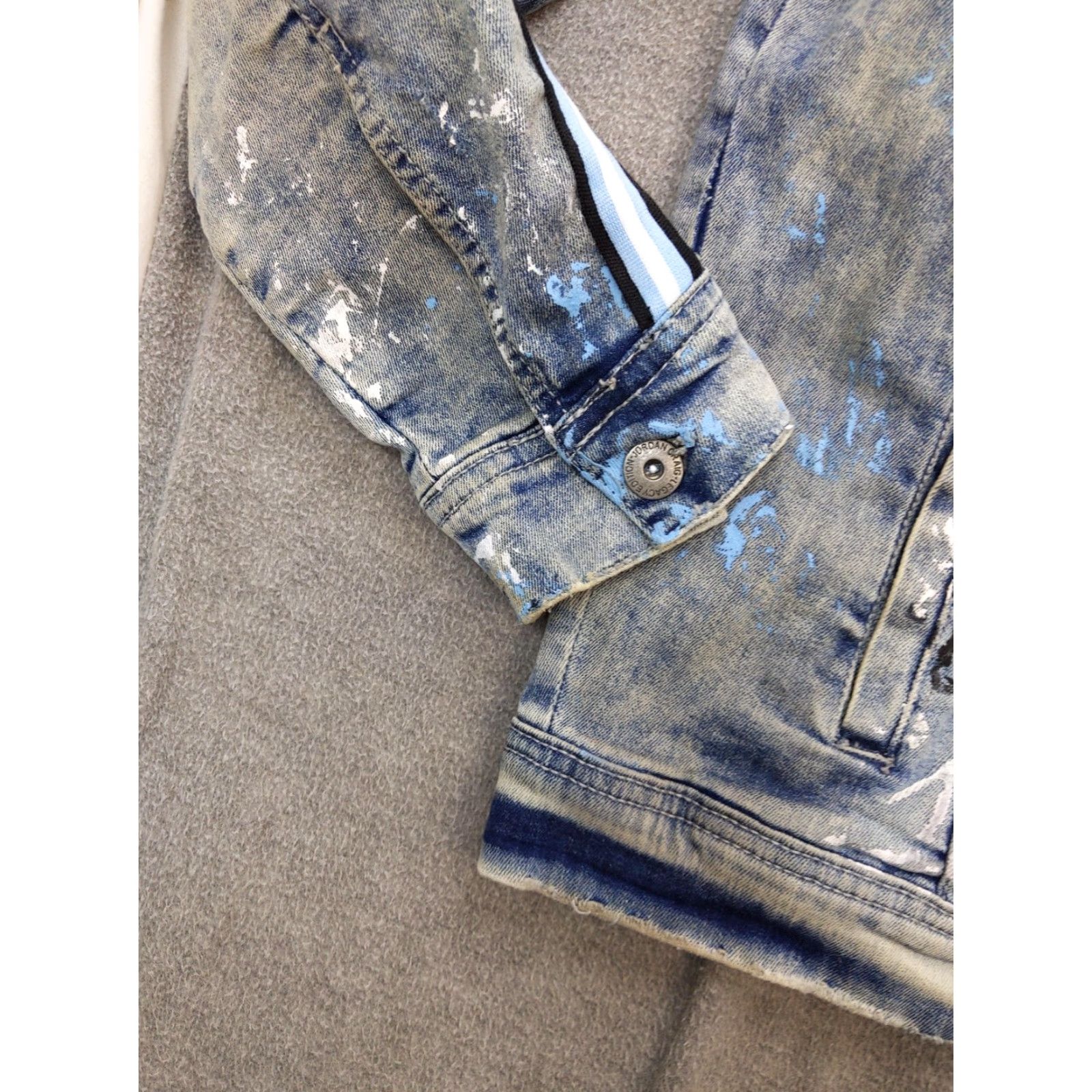 Jordan Craig Jordan Craig Jacket Mens XL Blue Denim Varsity Paint Splatter Striped Sleeves Size US XL / EU 56 / 4 - 3 Thumbnail