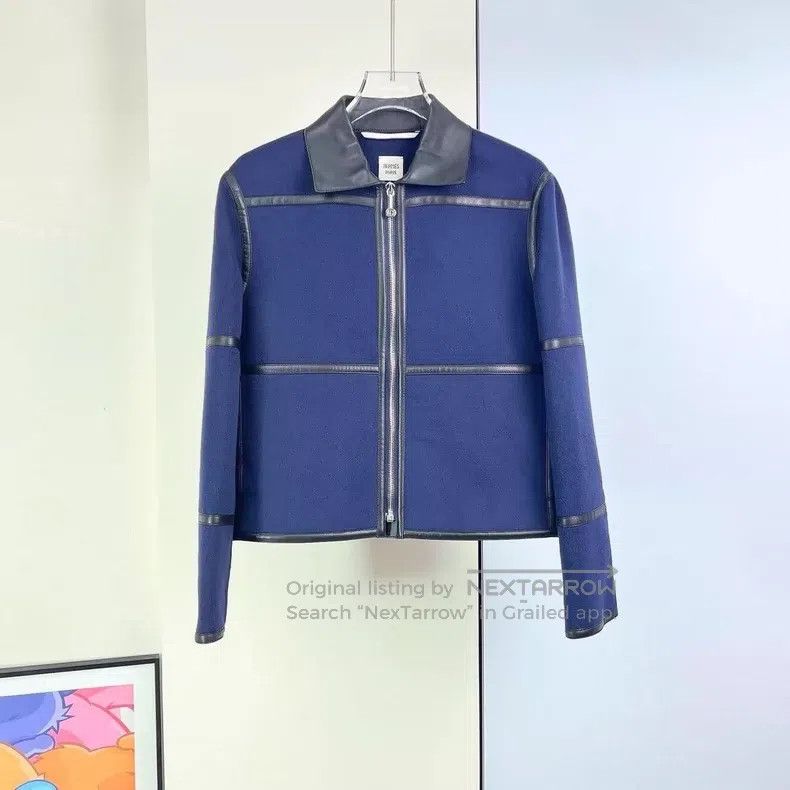 Hermes Hermes Blue Color-blocked Leather Cashmere Jacket Size XXS / US 00 / IT 34 - 1 Thumbnail
