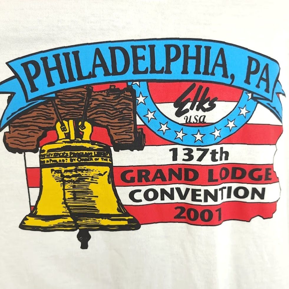 Gildan VINTAGE Philadelphia Elks T Shirt Mens XL White Cotton Gildan 2000s Grand Lodge Convention American Flag 90s Patriotic Liberty Bell Mens Size US XL / EU 56 / 4 - 3 Thumbnail