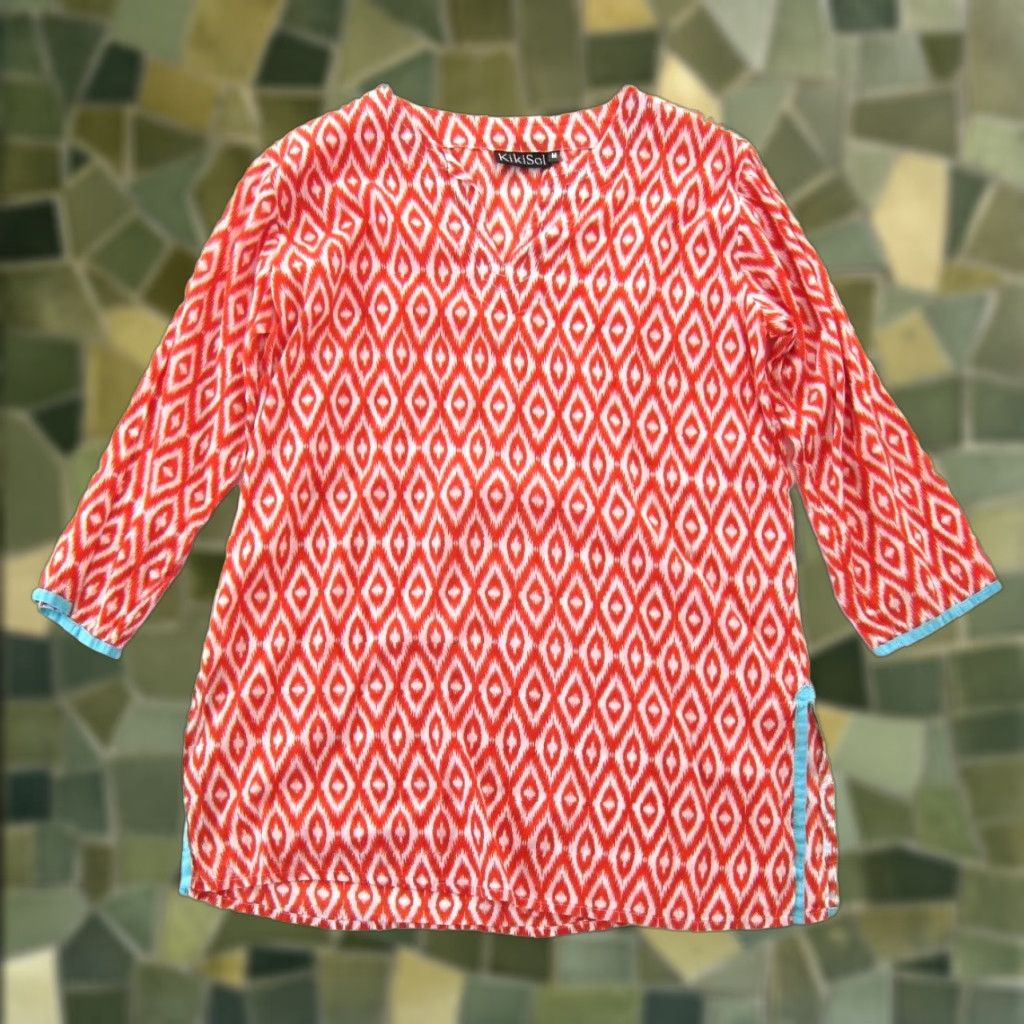 Vintage KikiSol Blouse Tunic 3/4 Sleeve 100% Cotton Orange White Blue Chevron XS/P Womens Medium Size XS / US 0-2 / IT 36-38 - 1 Thumbnail