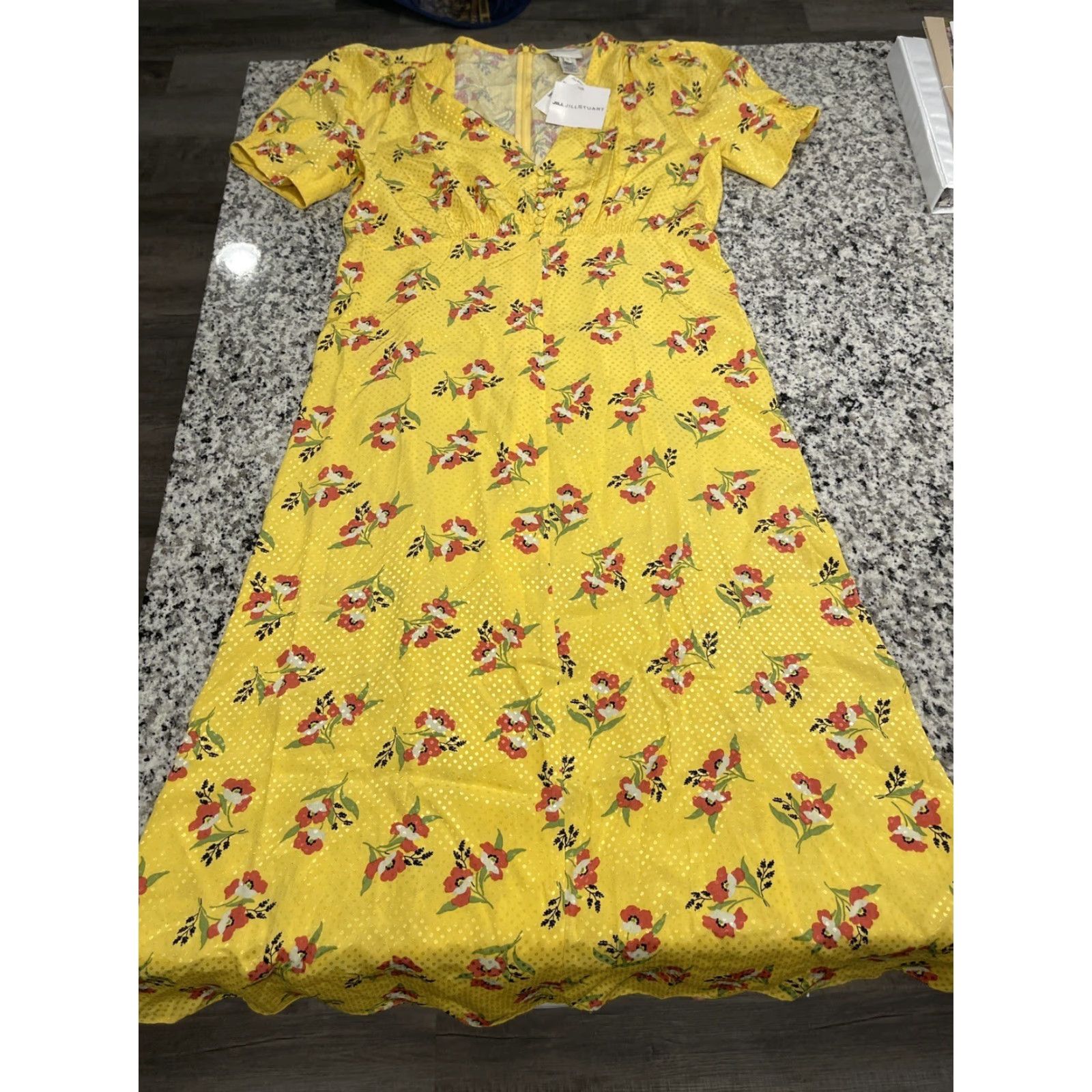 Vintage Jill Jill Stuart Women's Yellow Floral Shadow Dot Midi Retro Dress Size 14 Size XL / US 12-14 / IT 48-50 - 7 Thumbnail