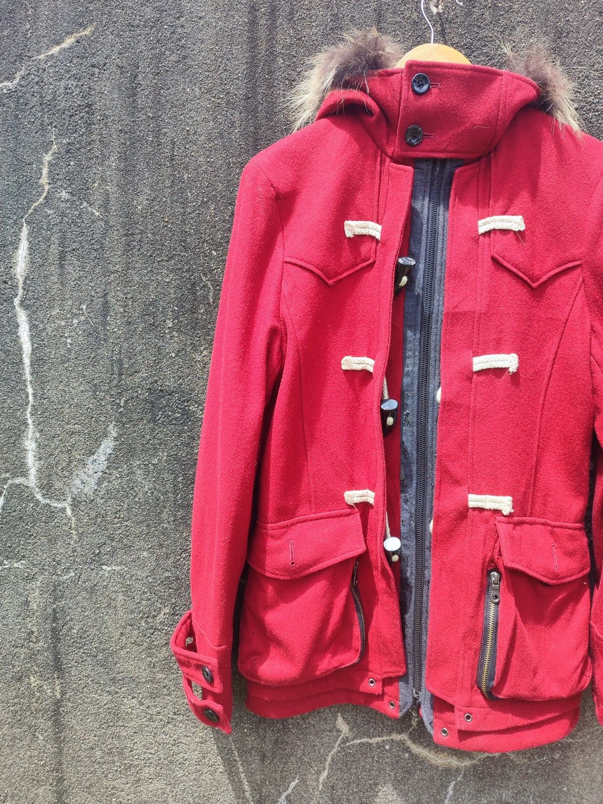 Designer PPFM Red Wool-Blend Toggle Jacket with Fur Hood - Size L Size US M / EU 48-50 / 2 - 2 Thumbnail