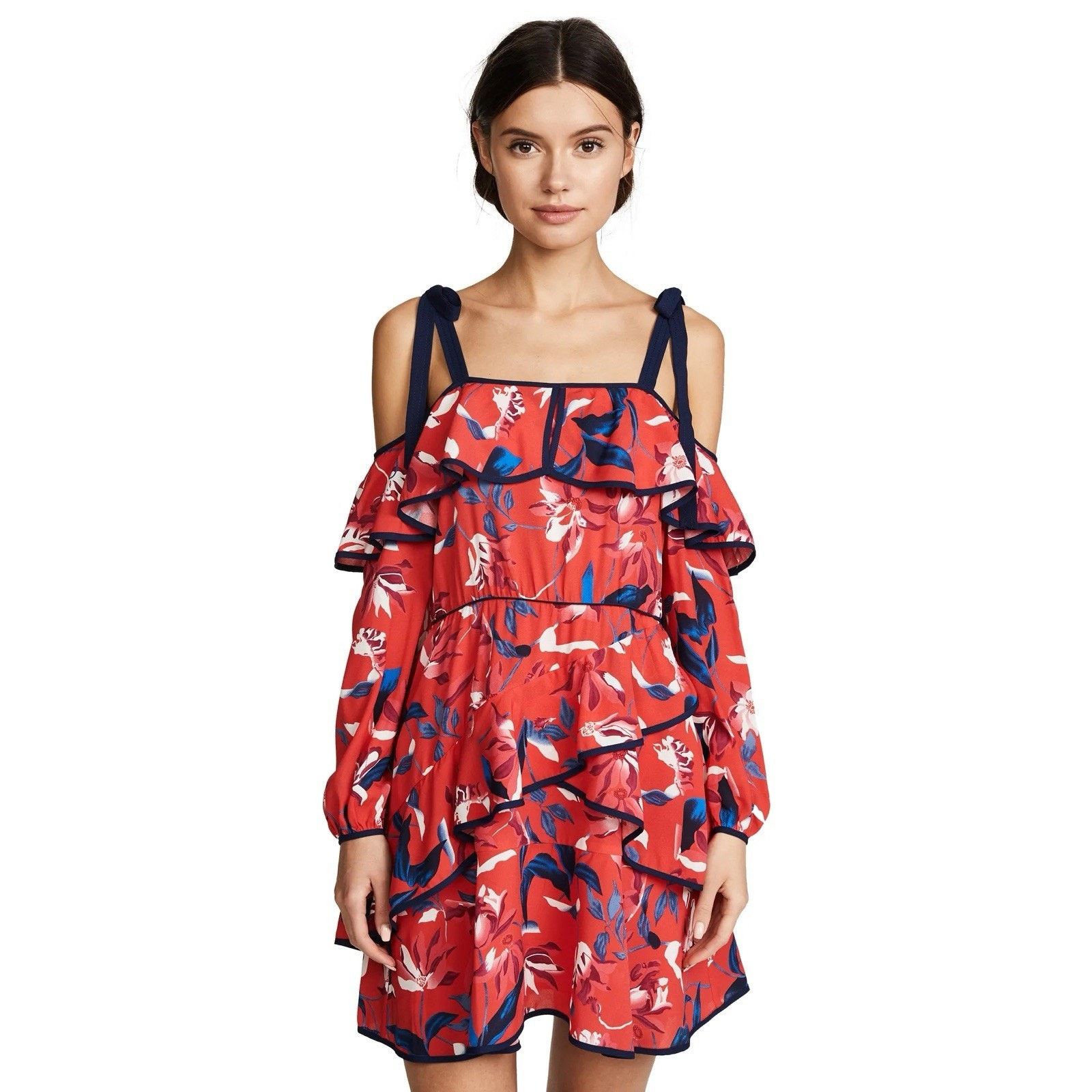 Tanya Taylor Doralee Red Tulip 100% Silk Dress Tiered Floral, Women's (Size Xs)